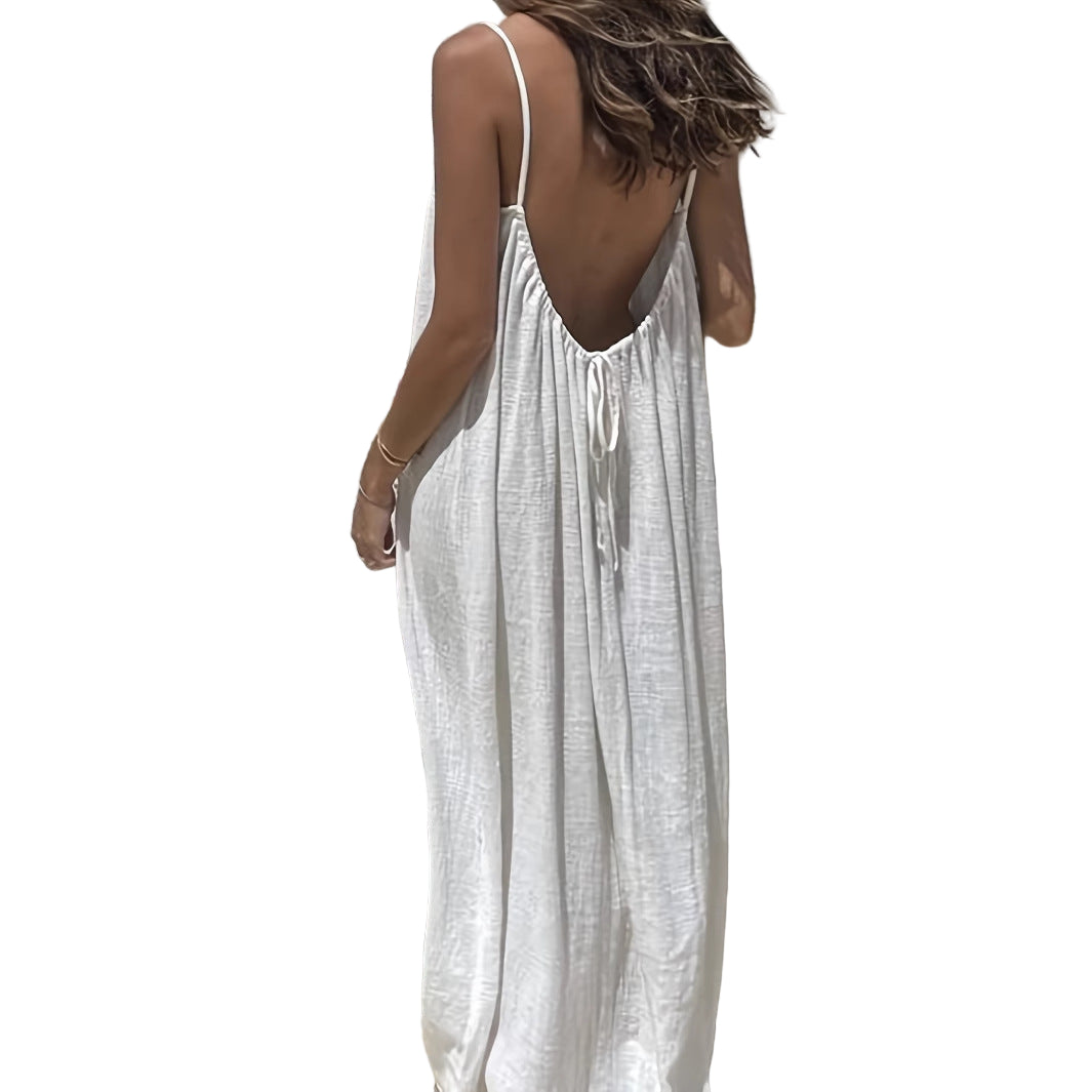 Women’s White Crinkle Ice Silk Backless Cami Maxi Dress – Loose Fit Lounge and Travel Wear (Size S)