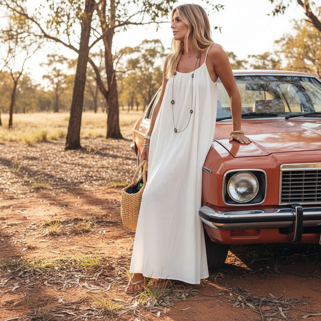 Women’s White Crinkle Ice Silk Backless Cami Maxi Dress – Loose Fit Lounge and Travel Wear (Size S)