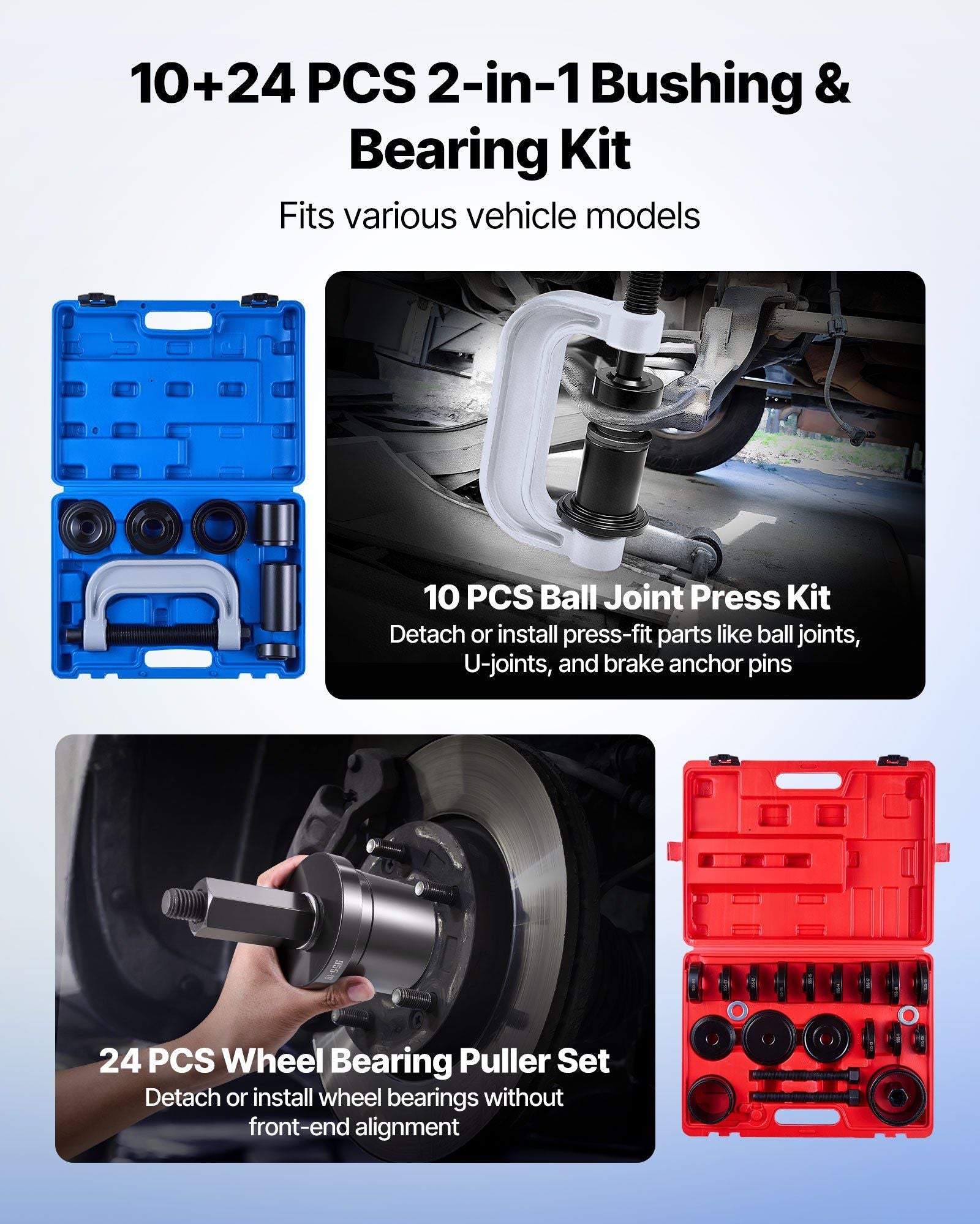 Bearing Press Kit, 10+24 Pcs, 2 in 1 Ball Joint Press & Wheel Bearing Puller Kit, Race and Seal Driver Set with 13 Bushings, C-Frame and Sleeves, Heavy Duty Removal Installation Set with Case