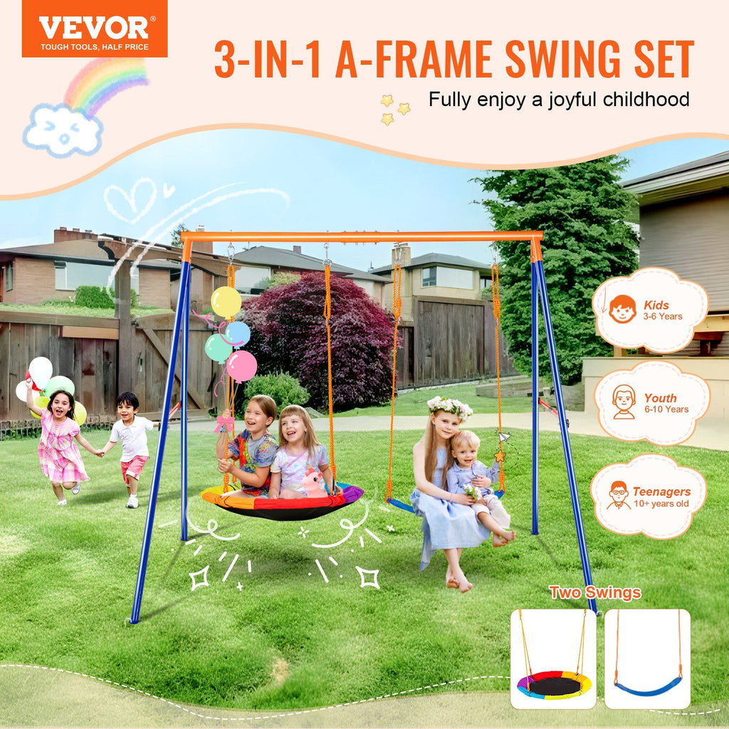 Swing Sets for Backyard, 440lbs Load Capacity Swing Set, with 1 Saucer Swing Seat, 1 Belt Swing Seat, Heavy Duty A-Frame Metal Swing Stand and Adjustable Rope, Swingset Outdoor for Kids