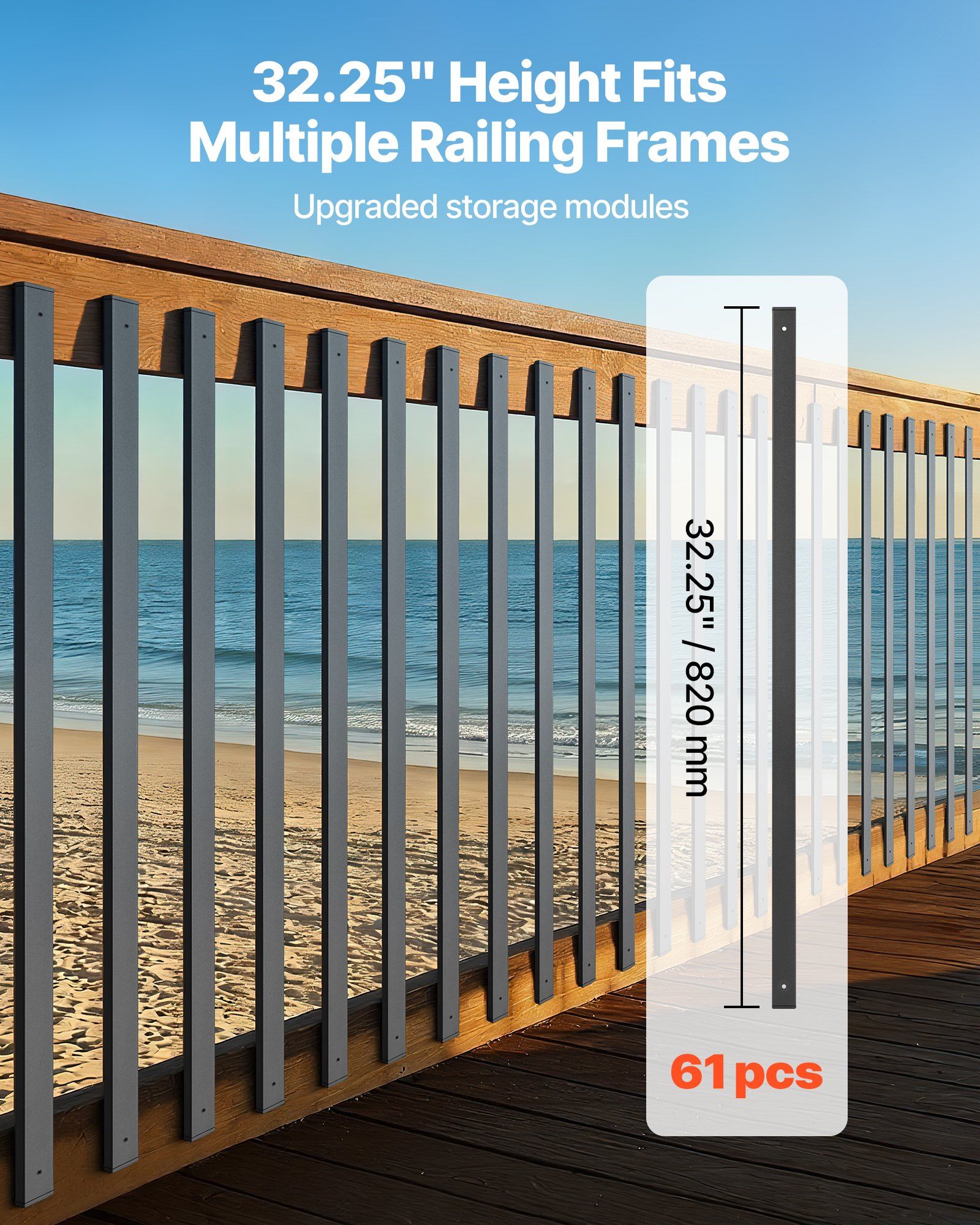 61 Pack Deck Balusters, 82 cm Galvanized Steel Railing Spindles, Hollow Rectangle Metal Decking Stair Balusters with Pre-Drilled Hole, End Caps, Screws, for Deck, Porch & Stair Railing, Black