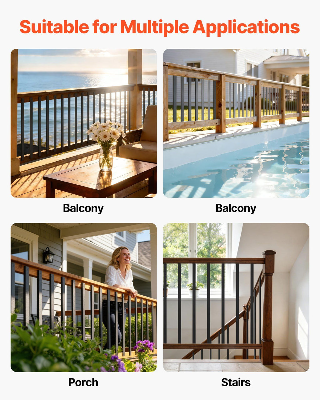 61 Pack Deck Balusters, 82 cm Galvanized Steel Railing Spindles, Hollow Rectangle Metal Decking Stair Balusters with Pre-Drilled Hole, End Caps, Screws, for Deck, Porch & Stair Railing, Black