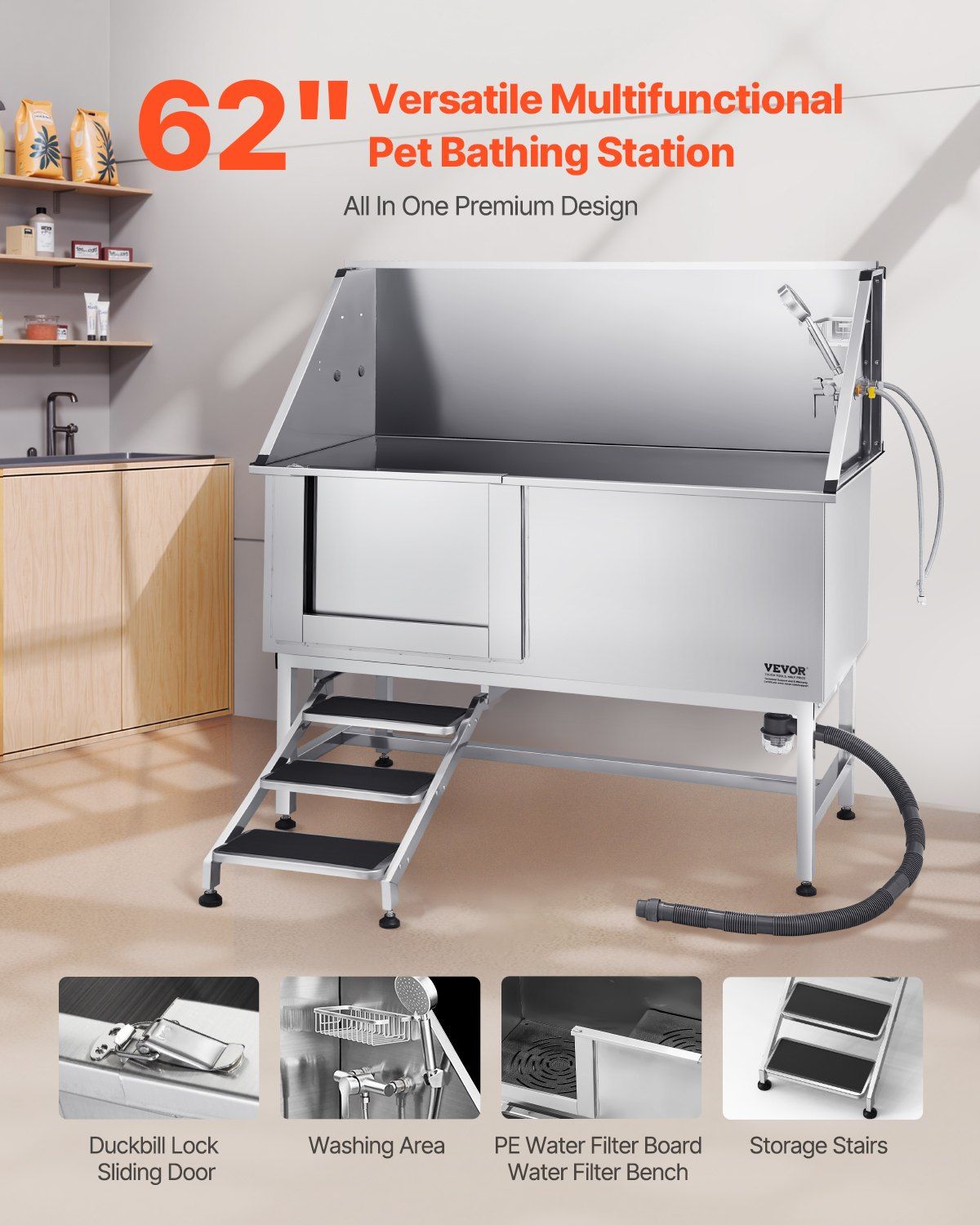 Stainless Steel Dog Washing Station, 157.48 cm Pet Grooming Tub w/ Stairs, PE Water Filter Board, Faucet & Showerhead & Soap Holder Dog Bathtub for Large & Medium & Small Pets (Left Door)