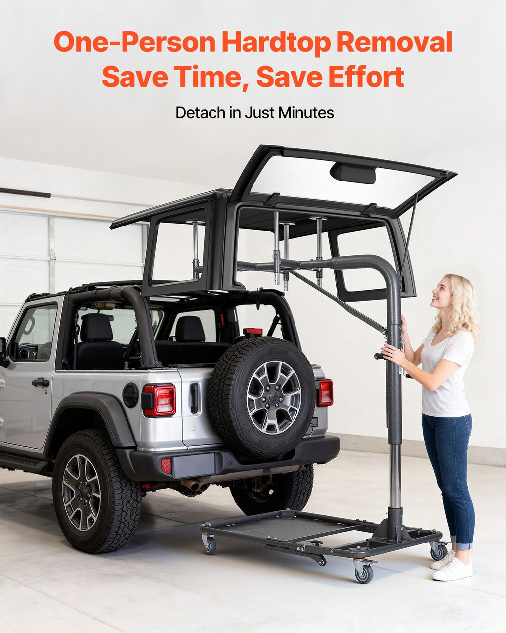 Hard Top Remover Lift, 99.79 kg, Foldable Jeep Hardtop Removal and Storage System, Easy One-Person Operation, Adjustable Height, for Jeep Wrangler YJ, TJ, JK, JL, 4XE, Ford Bronco 4 Door &6 Gen+