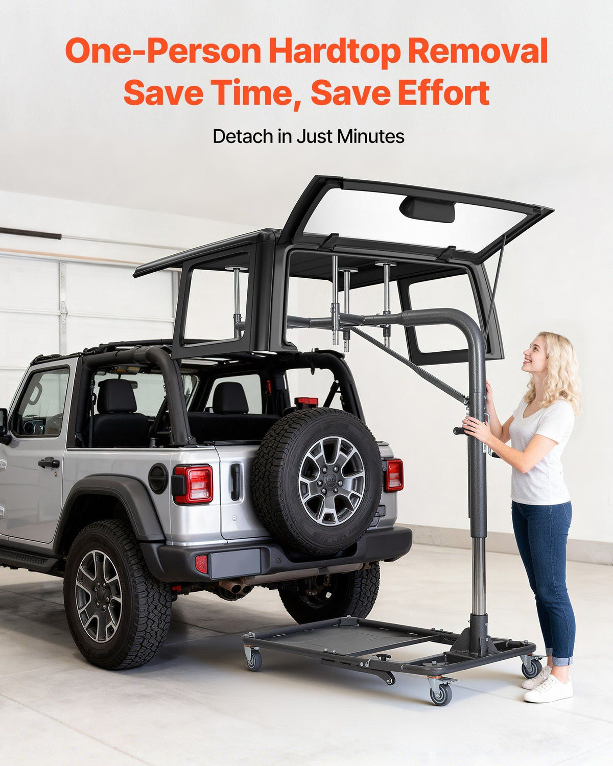 Hard Top Remover Lift, 99.79 kg, Foldable Jeep Hardtop Removal and Storage System, Easy One-Person Operation, Adjustable Height, for Jeep Wrangler YJ, TJ, JK, JL, 4XE, Ford Bronco 4 Door &6 Gen+