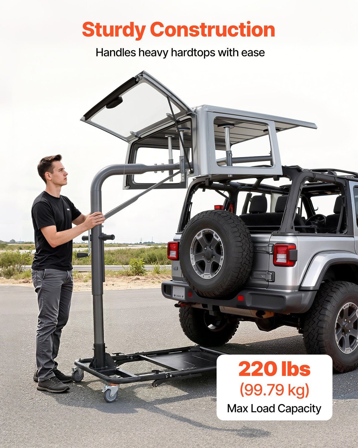 Hard Top Remover Lift, 99.79 kg, Foldable Jeep Hardtop Removal and Storage System, Easy One-Person Operation, Adjustable Height, for Jeep Wrangler YJ, TJ, JK, JL, 4XE, Ford Bronco 4 Door &6 Gen+