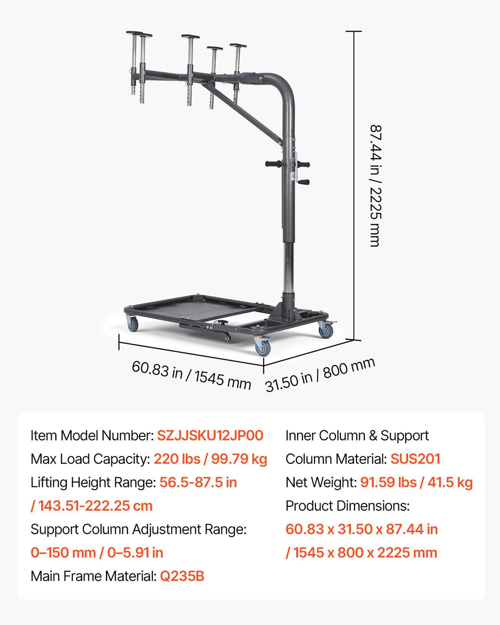 Hard Top Remover Lift, 99.79 kg, Foldable Jeep Hardtop Removal and Storage System, Easy One-Person Operation, Adjustable Height, for Jeep Wrangler YJ, TJ, JK, JL, 4XE, Ford Bronco 4 Door &6 Gen+