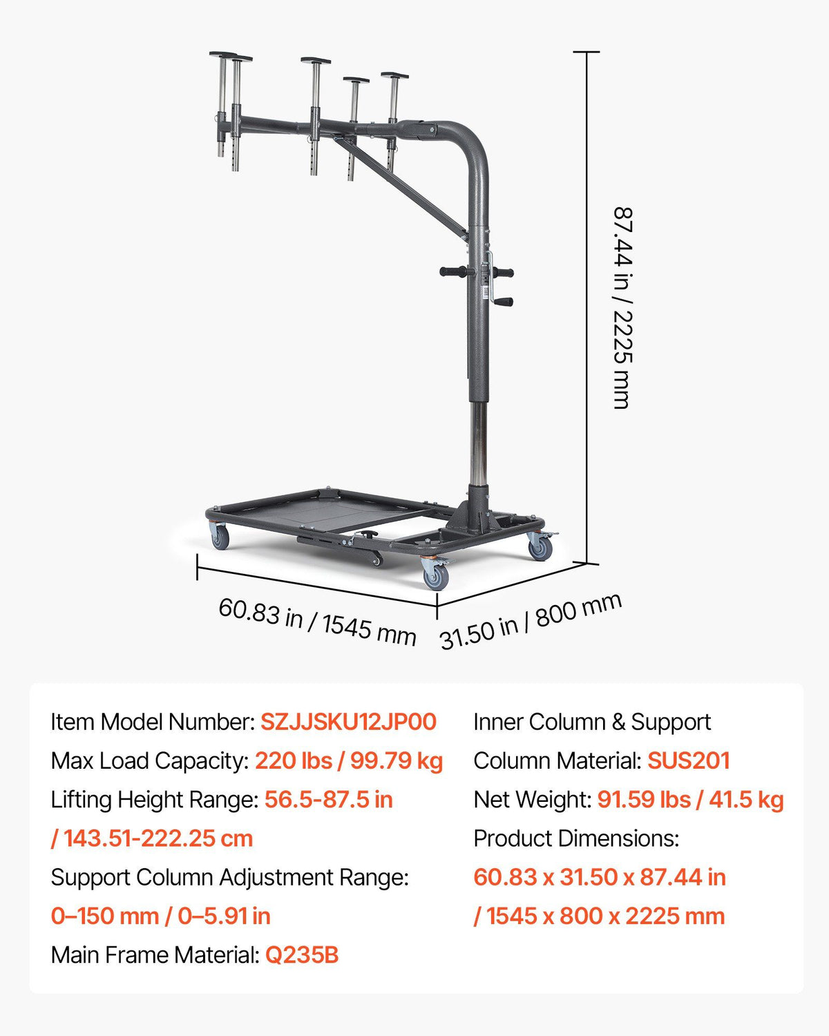 Hard Top Remover Lift, 99.79 kg, Foldable Jeep Hardtop Removal and Storage System, Easy One-Person Operation, Adjustable Height, for Jeep Wrangler YJ, TJ, JK, JL, 4XE, Ford Bronco 4 Door &6 Gen+