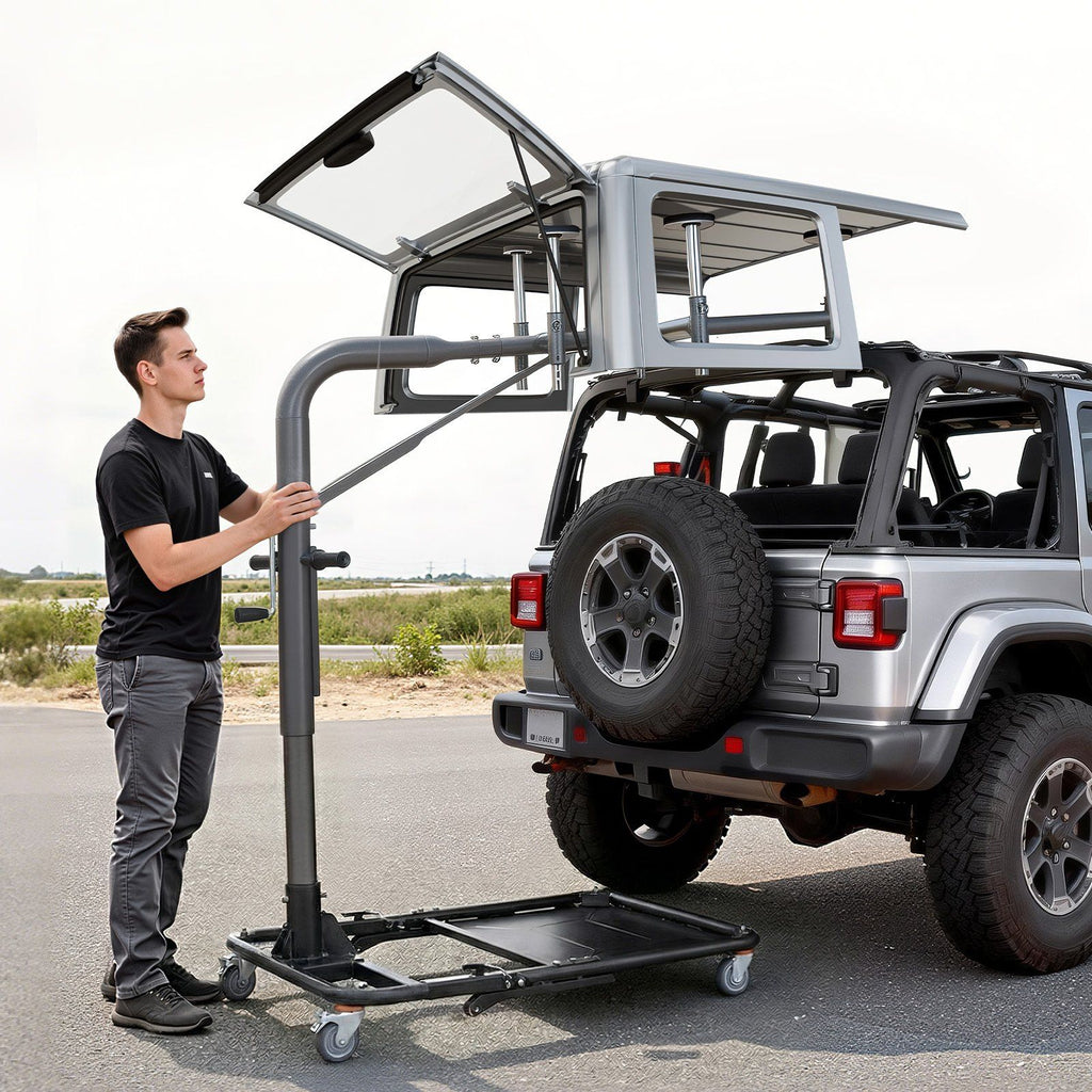 Hard Top Remover Lift, 99.79 kg, Foldable Jeep Hardtop Removal and Storage System, Easy One-Person Operation, Adjustable Height, for Jeep Wrangler YJ, TJ, JK, JL, 4XE, Ford Bronco 4 Door &6 Gen+