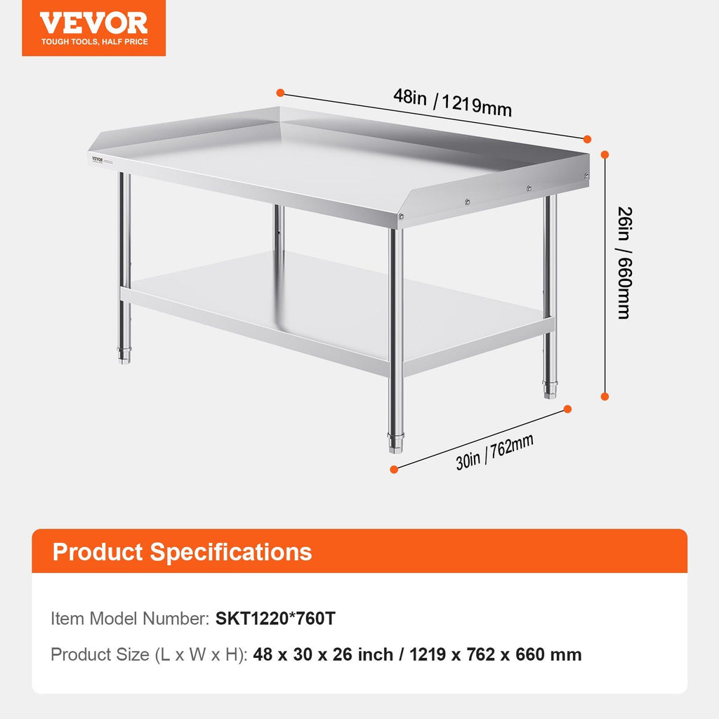 Stainless Steel Work Table, 762 x 1219 x 660 mm Commercial Food Prep Worktable, 3-Sided Backsplash Heavy Duty Prep Worktable, Metal Work Table with Adjustable Height for Restaurant Home Hotel