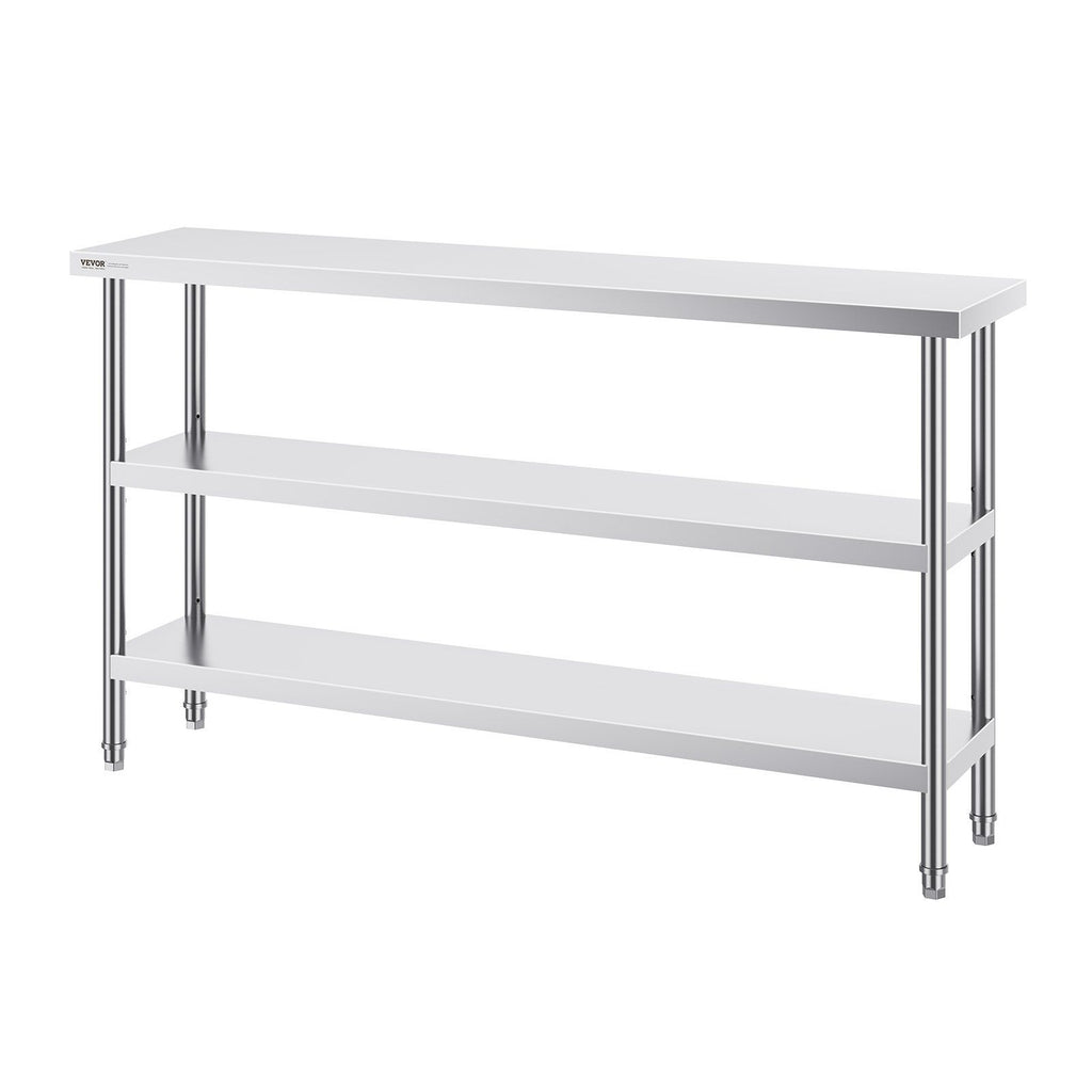 Stainless Steel Food Prep Table, 356 x 1524 x 864 mm Commercial Kitchen Worktable, with 2 Adjustable Undershelf, Heavy Duty Prep Table Metal Work Table for BBQ, Kitchen, Home, and Garage