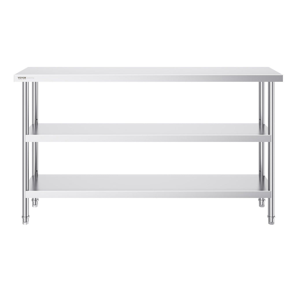 Stainless Steel Food Prep Table, 356 x 1524 x 864 mm Commercial Kitchen Worktable, with 2 Adjustable Undershelf, Heavy Duty Prep Table Metal Work Table for BBQ, Kitchen, Home, and Garage