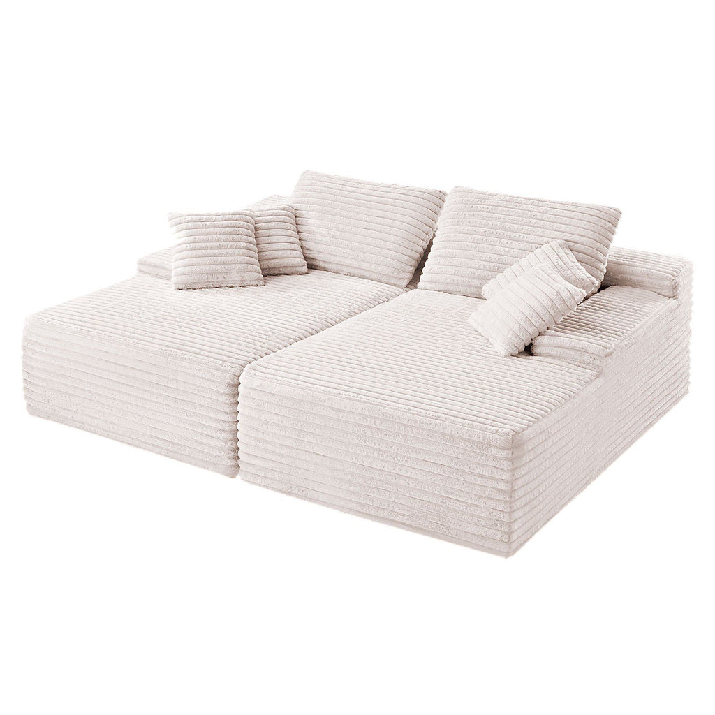 210 cm Oversized Double Chaise Lounge, Corduroy Fabric Sectional Sofa, Cozy Deep Seat Loveseat Sofa with Soft Cushions and Throw Pillows for Living Room Bedroom, No Assembly Required, Beige
