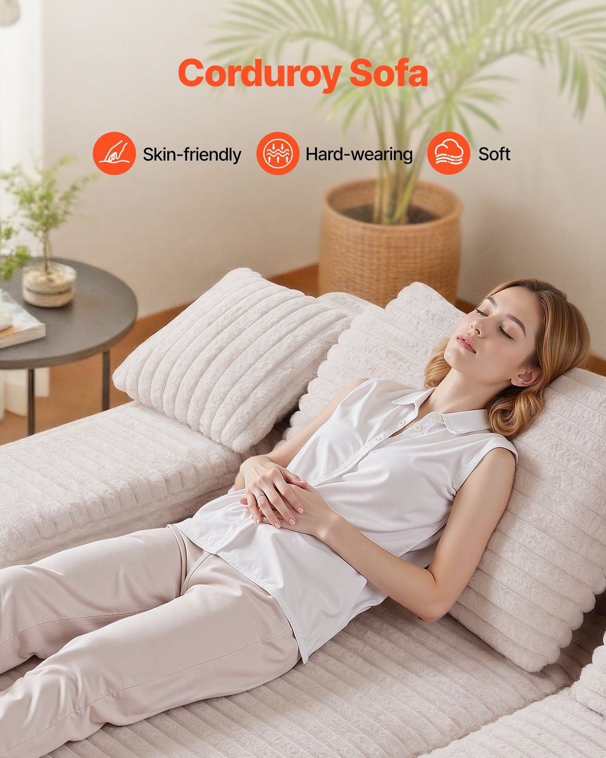 210 cm Oversized Double Chaise Lounge, Corduroy Fabric Sectional Sofa, Cozy Deep Seat Loveseat Sofa with Soft Cushions and Throw Pillows for Living Room Bedroom, No Assembly Required, Beige