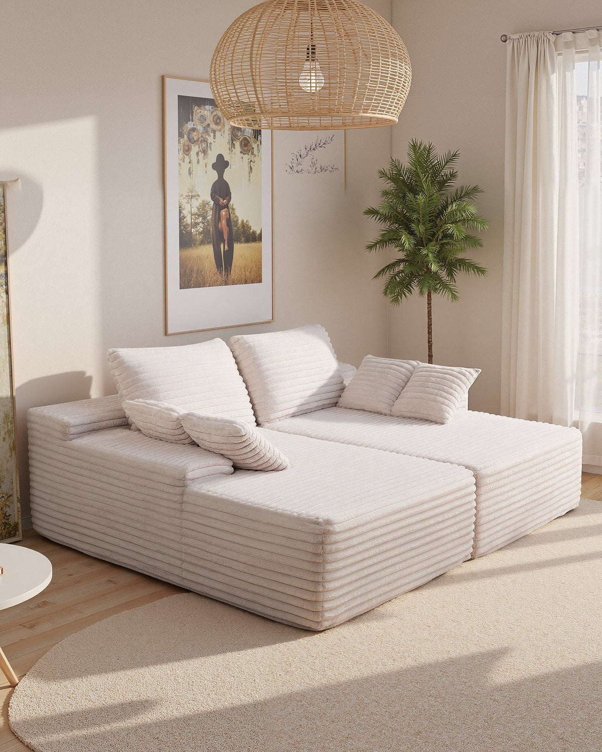 210 cm Oversized Double Chaise Lounge, Corduroy Fabric Sectional Sofa, Cozy Deep Seat Loveseat Sofa with Soft Cushions and Throw Pillows for Living Room Bedroom, No Assembly Required, Beige