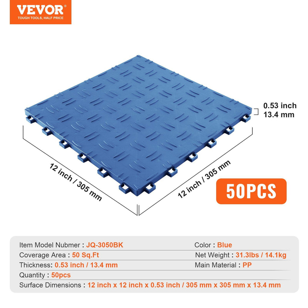 Garage Tiles Interlocking, 305 x 305 x 13.4 mm 50 Pack Garage Floor Covering Tiles, Non-Slip Double-Sided Texture Garage Flooring Tiles, for Garages, Basements, Repair Shops, Blue