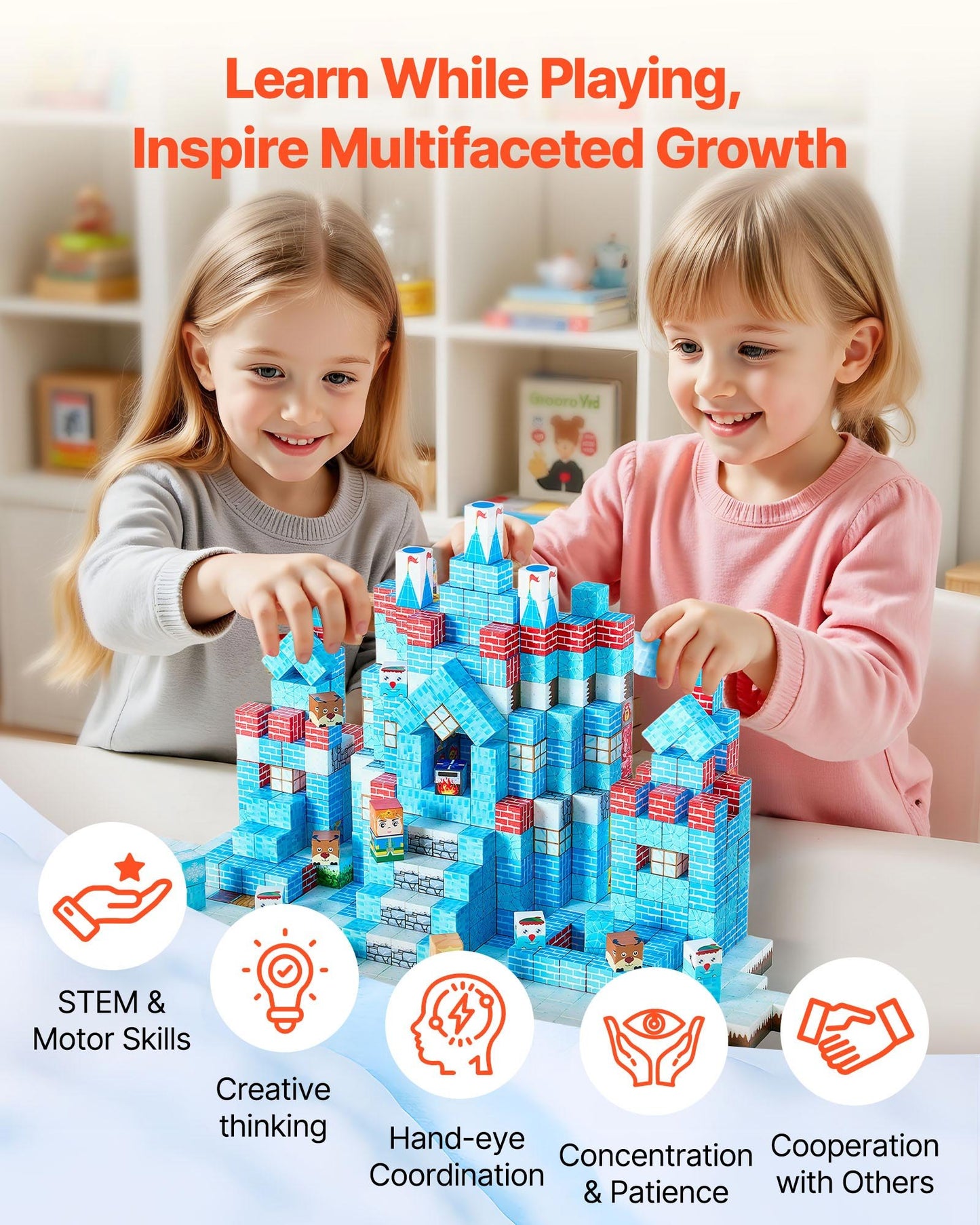 VEVOR Magnetic Blocks, 150 PCS Glacier Castle Set, Magnetic Building Cubes for Kids, STEM Montessori Sensory Toys for Christmas Birthday Gift, Construction Stacking Toy for 3+ Years Old Boys & Girls