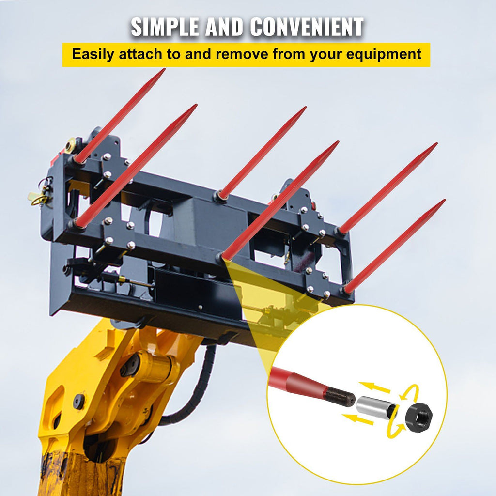 Pair Hay Spear 43" Bale Spear 3000 lbs Capacity, Bale Spike Quick Attach Square Hay Bale Spears 1 3/4", Red Coated Bale Forks, Bale Hay Spike with Hex Nut & Sleeve for Buckets Tractors Loaders