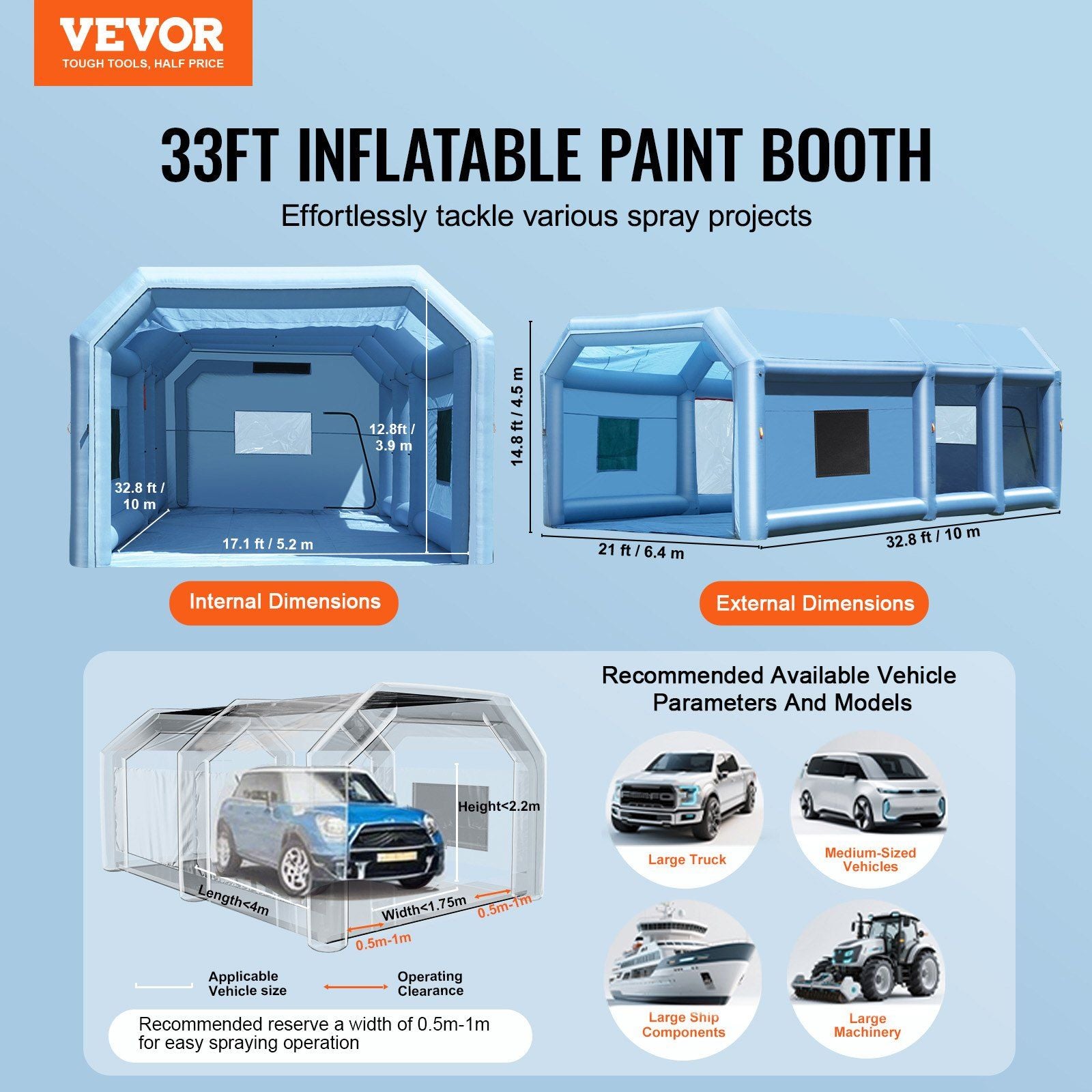 Inflatable Paint Booth, 32.8 x 21 x 14.8 ft Inflatable Spray Booth, with 1100W+750W Powerful Blowers and Air Filter System, Portable Car Paint Booth for Large Truck, Large Van, Large Machinery
