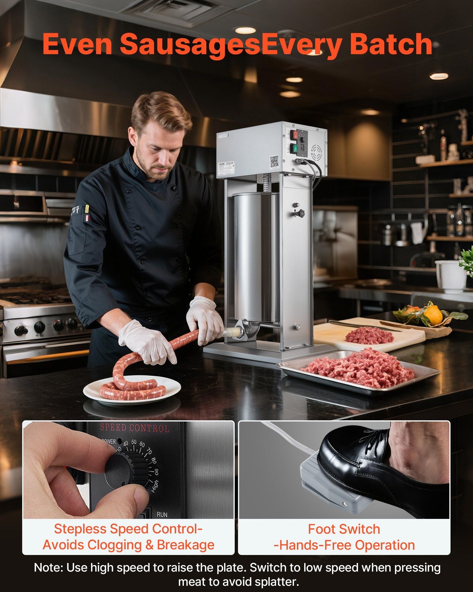 Electric Sausage Stuffer, 55 LBS / 25 L Vertical Meat Stuffer, Stepless Speed Control and Foot Pedal, Stainless Steel Heavy Duty Sausage Filler with 5 Stuffing Tubes, for Commercial & Home Use