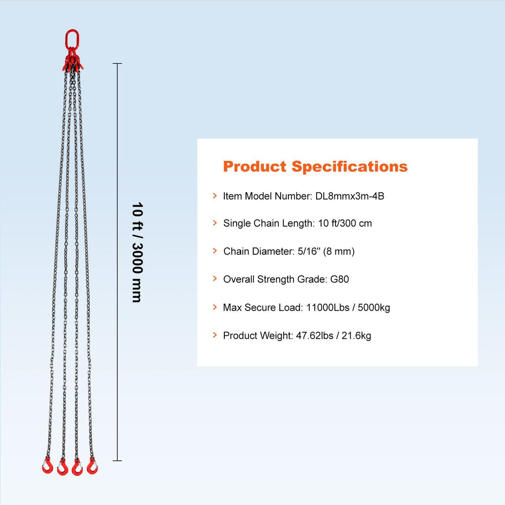 Chain Sling, 8 mm x 300 cm Lifting Chains with Hooks, G80 Engine Chain Hoist Lifts, 5 Ton Lifting Sling Chains for Engine Hoist, Engine Lift Chain with 4 Leg Grab Hooks & Adjusters Heavy Duty