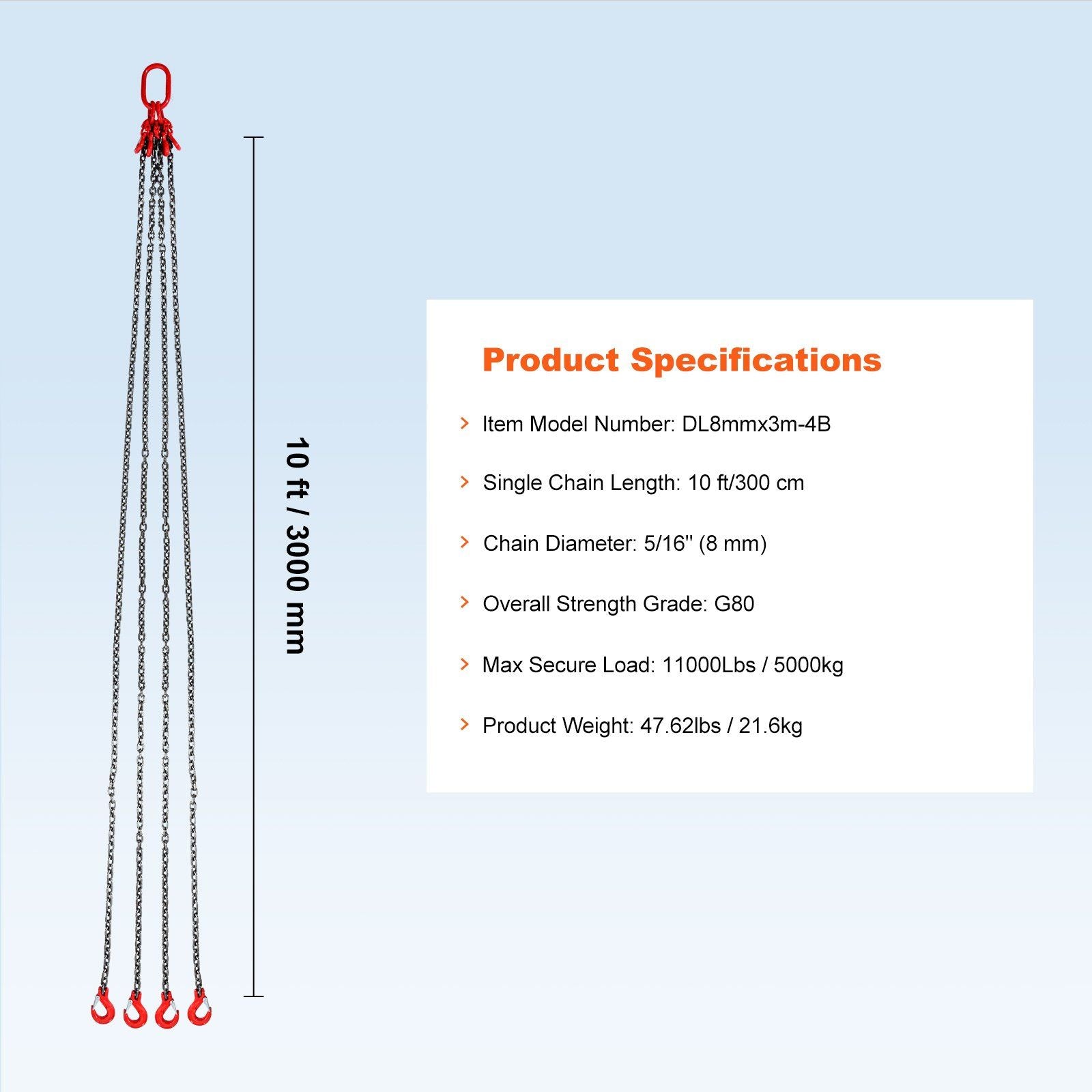 Chain Sling, 8 mm x 300 cm Lifting Chains with Hooks, G80 Engine Chain Hoist Lifts, 5 Ton Lifting Sling Chains for Engine Hoist, Engine Lift Chain with 4 Leg Grab Hooks & Adjusters Heavy Duty