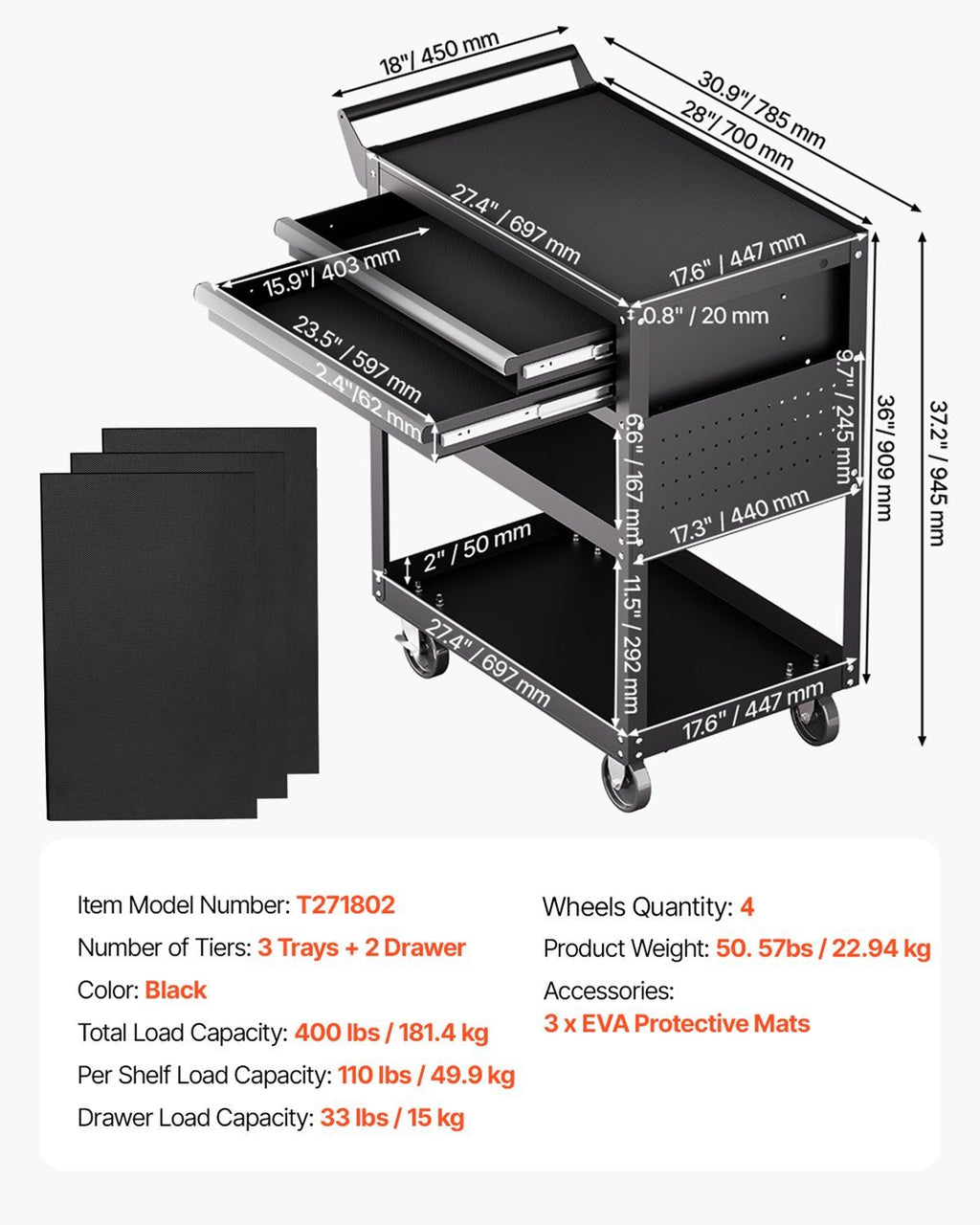 5-Tier Tool Cart with Wheels, 400 lbs Load Capacity, Rolling Work Cart with 2 Drawers & Pegboard, Mechanic Tool Storage Organizer with Locking System for Garage, Warehouse and Repair Shop, Black