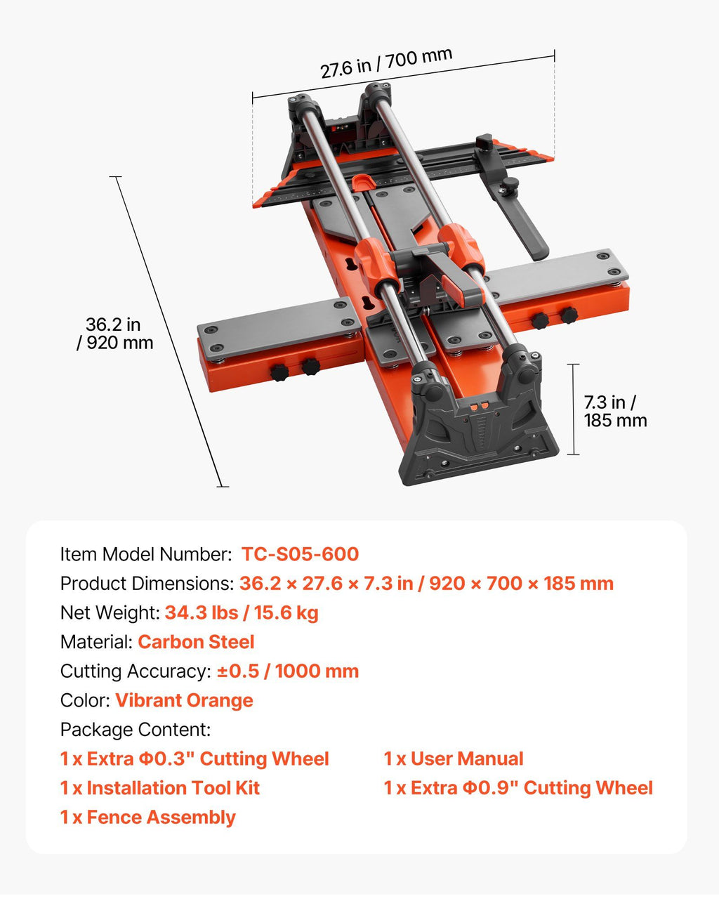 600 mm Manual Tile Cutter, Upgraded Sliding Head Cutting Tool with Spring-Loaded Base, Angle Fence, Tungsten Carbide Cutting Wheel, Alignment Guide, for DIY Pros, Ceramic, Floor & Wall Tiles
