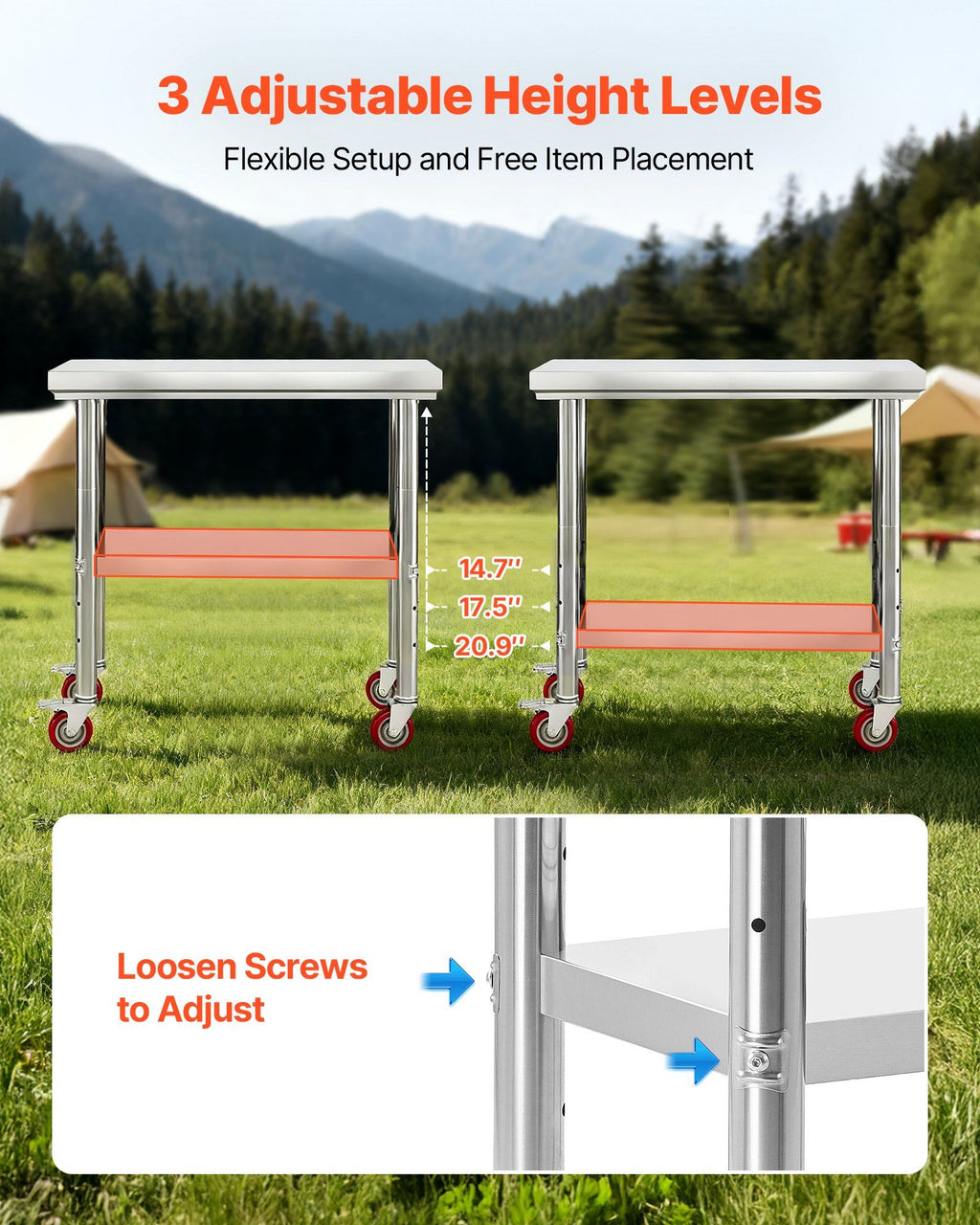 Stainless Steel Table, 60 x 90 cm Food Prep Worktable with Wheels, Kitchen Prep Table with Adjustable Undershelf Workstations for Commercial Kitchen, Restaurant, Hotel and Garage, Outdoor