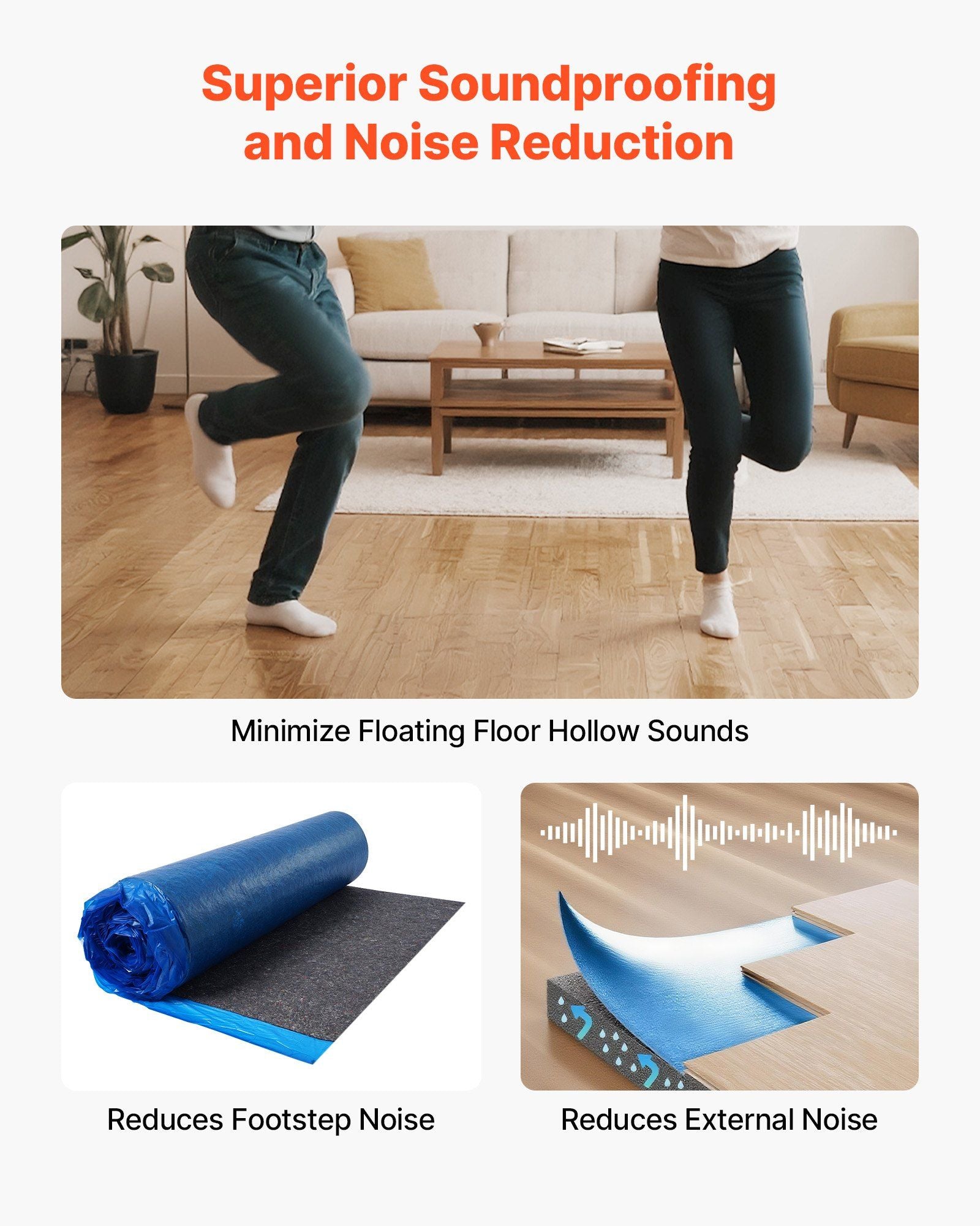 Floor Underlayment 37.2 m², 3mm Laminate Flooring Padding with Attached Vapor Barrier, Heavy Duty Fiber+PE Film, Soundproofing & Noise Reduction for Vinyl & Wood Floors(2 Rolls x 18.6 m²)