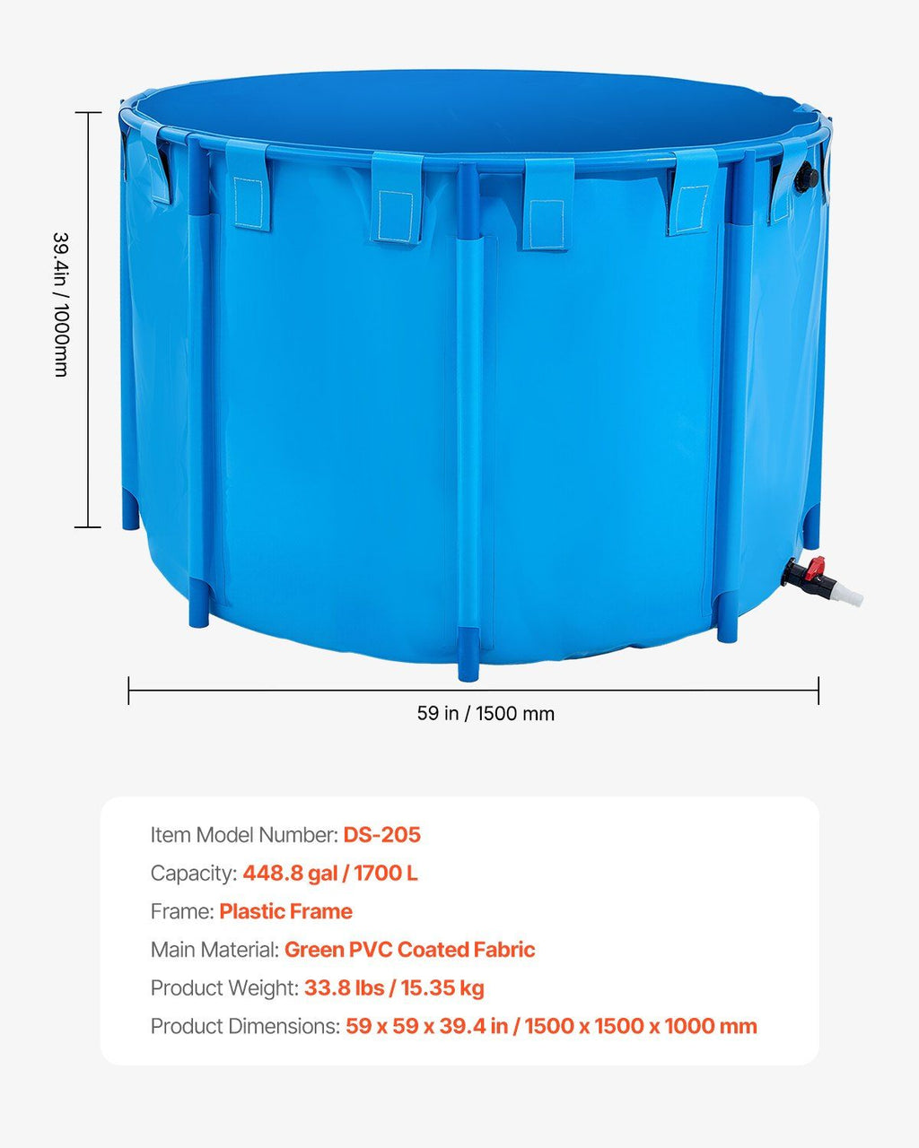 Canvas Fish Pond, 1700 L Capacity Above Ground Fish Pond, Foldable PVC Koi Tank, Round Goldfish Tank with Stable PVC Frame and Drain Valve, for Aquaculture, Koi Breeding, and Irrigation (Blue)