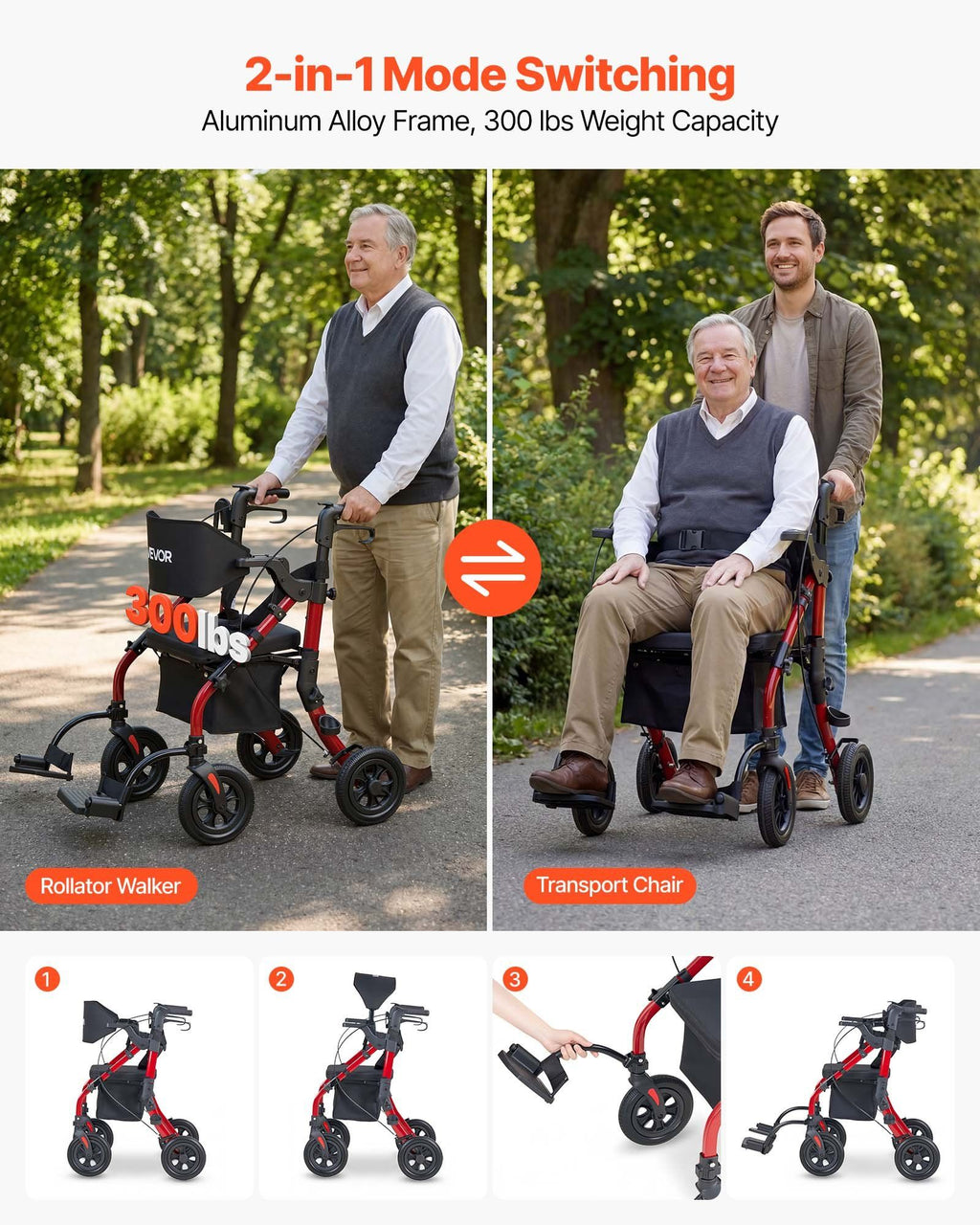2-in-1 Rollator Walker & Transport Chair for Seniors, Foldable Rolling Walker Wheelchair, Lightweight Aluminum Mobility Walking Aid with Solid PU Wheels, Cup & Cane Holder - Supports 136kg
