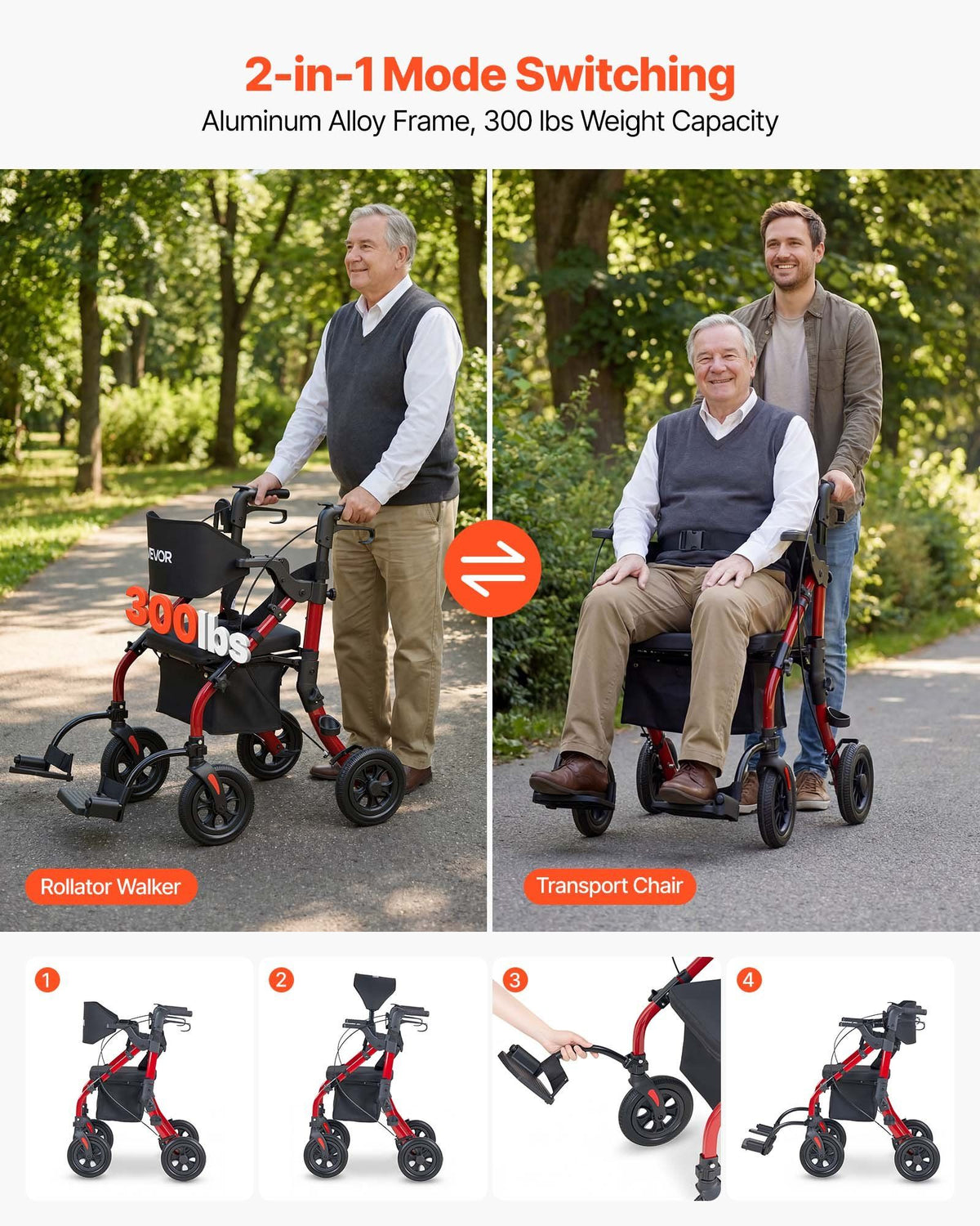 2-in-1 Rollator Walker & Transport Chair for Seniors, Foldable Rolling Walker Wheelchair, Lightweight Aluminum Mobility Walking Aid with Solid PU Wheels, Cup & Cane Holder - Supports 136kg