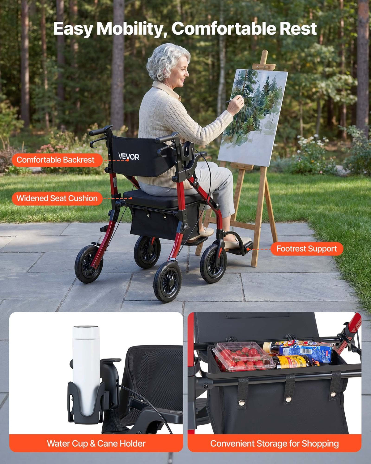 2-in-1 Rollator Walker & Transport Chair for Seniors, Foldable Rolling Walker Wheelchair, Lightweight Aluminum Mobility Walking Aid with Solid PU Wheels, Cup & Cane Holder - Supports 136kg