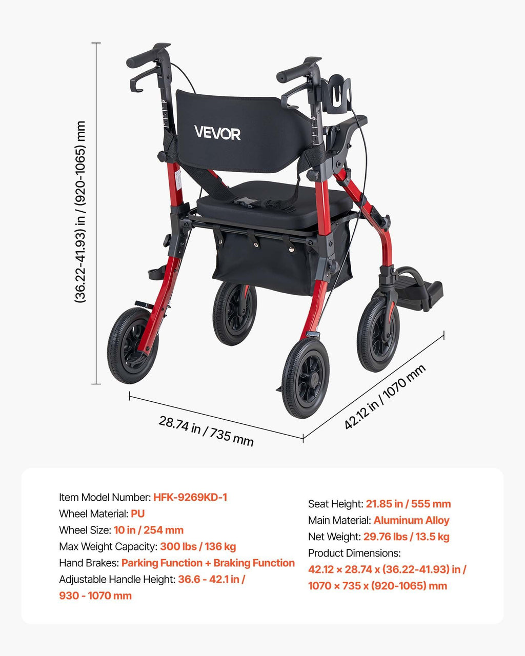 2-in-1 Rollator Walker & Transport Chair for Seniors, Foldable Rolling Walker Wheelchair, Lightweight Aluminum Mobility Walking Aid with Solid PU Wheels, Cup & Cane Holder - Supports 136kg