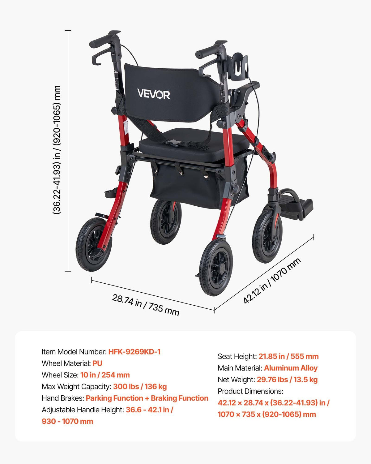 2-in-1 Rollator Walker & Transport Chair for Seniors, Foldable Rolling Walker Wheelchair, Lightweight Aluminum Mobility Walking Aid with Solid PU Wheels, Cup & Cane Holder - Supports 136kg