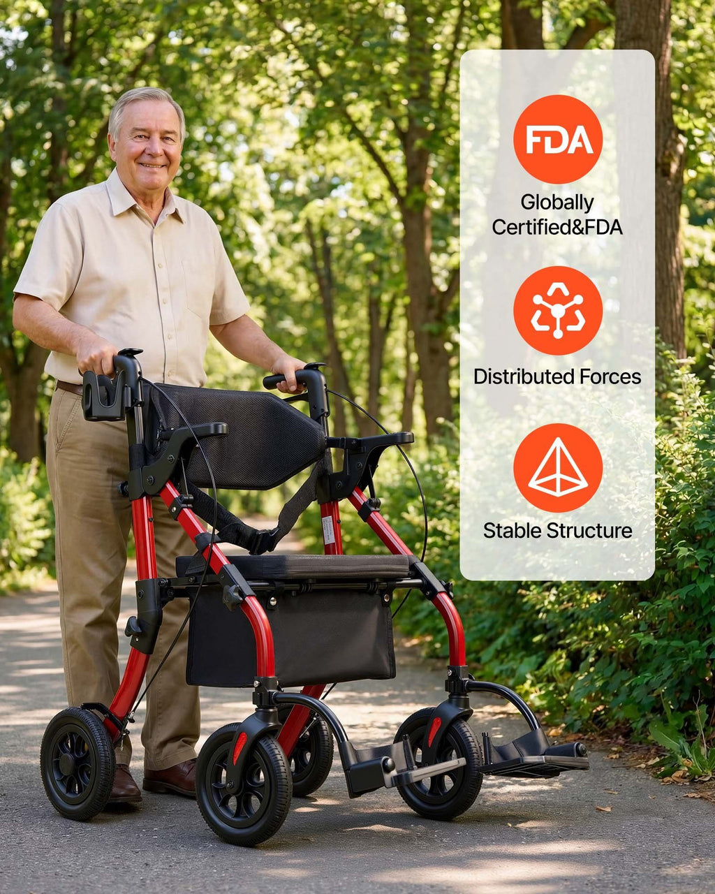 2-in-1 Rollator Walker & Transport Chair for Seniors, Foldable Rolling Walker Wheelchair, Lightweight Aluminum Mobility Walking Aid with Solid PU Wheels, Cup & Cane Holder - Supports 136kg