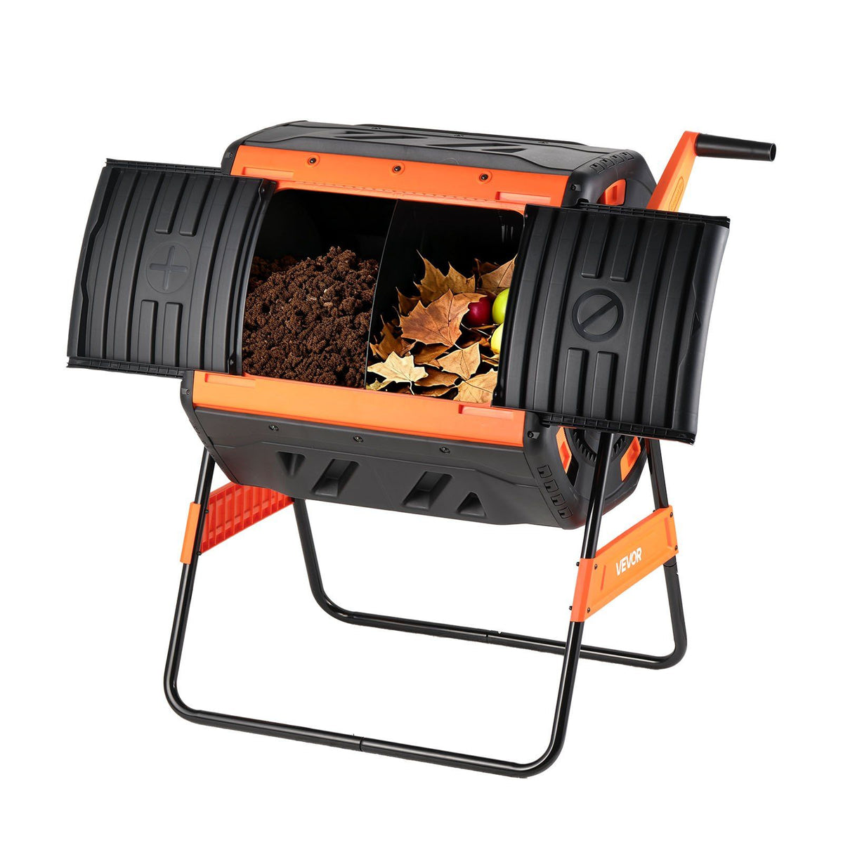 Compost Tumbler, 200L Dual Chamber Outdoor Tumbling Composter with 2 Sliding Doors and Aeration System, Large Easy-Turn Fast Rotating Composting Bin for Outside, Garden, Kitchen, and Yard Waste