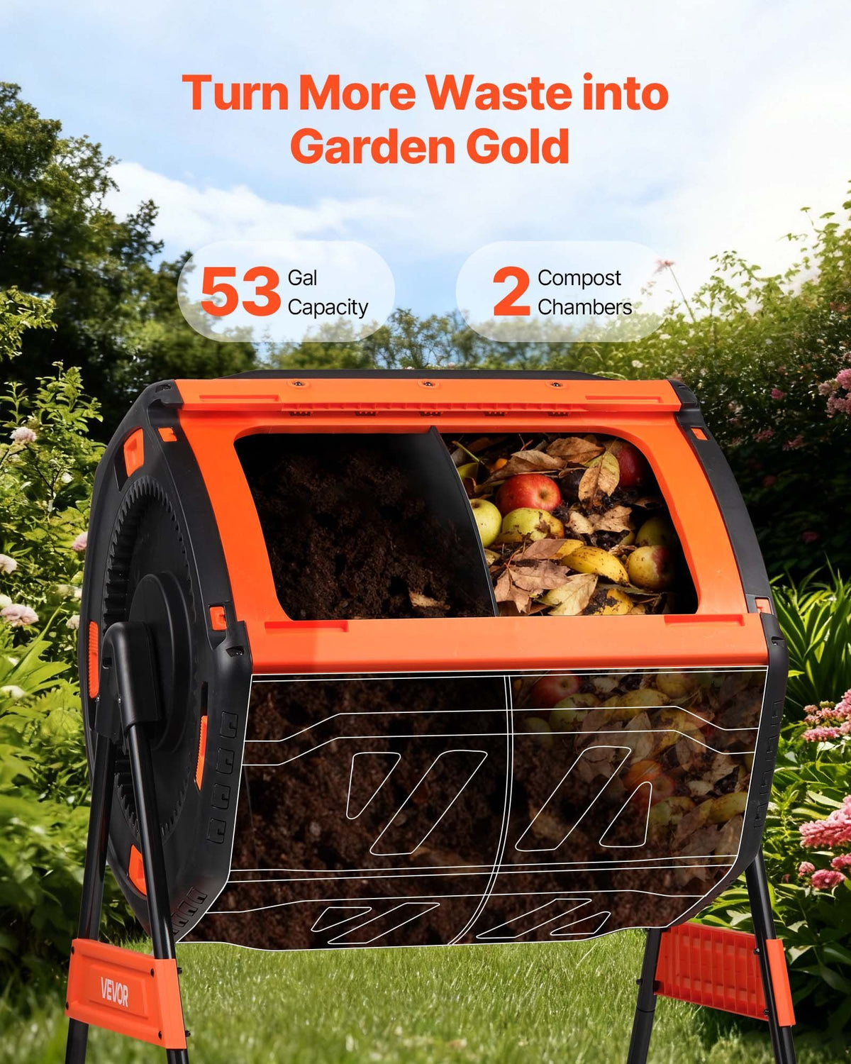 Compost Tumbler, 200L Dual Chamber Outdoor Tumbling Composter with 2 Sliding Doors and Aeration System, Large Easy-Turn Fast Rotating Composting Bin for Outside, Garden, Kitchen, and Yard Waste