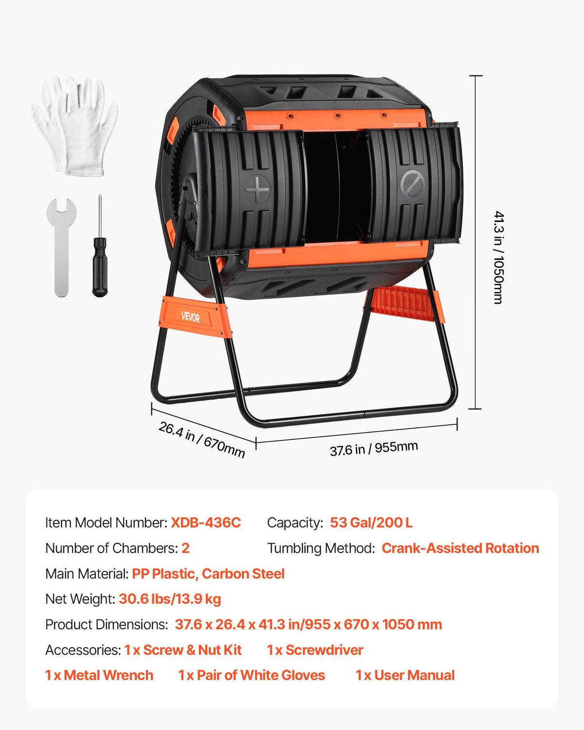 Compost Tumbler, 200L Dual Chamber Outdoor Tumbling Composter with 2 Sliding Doors and Aeration System, Large Easy-Turn Fast Rotating Composting Bin for Outside, Garden, Kitchen, and Yard Waste