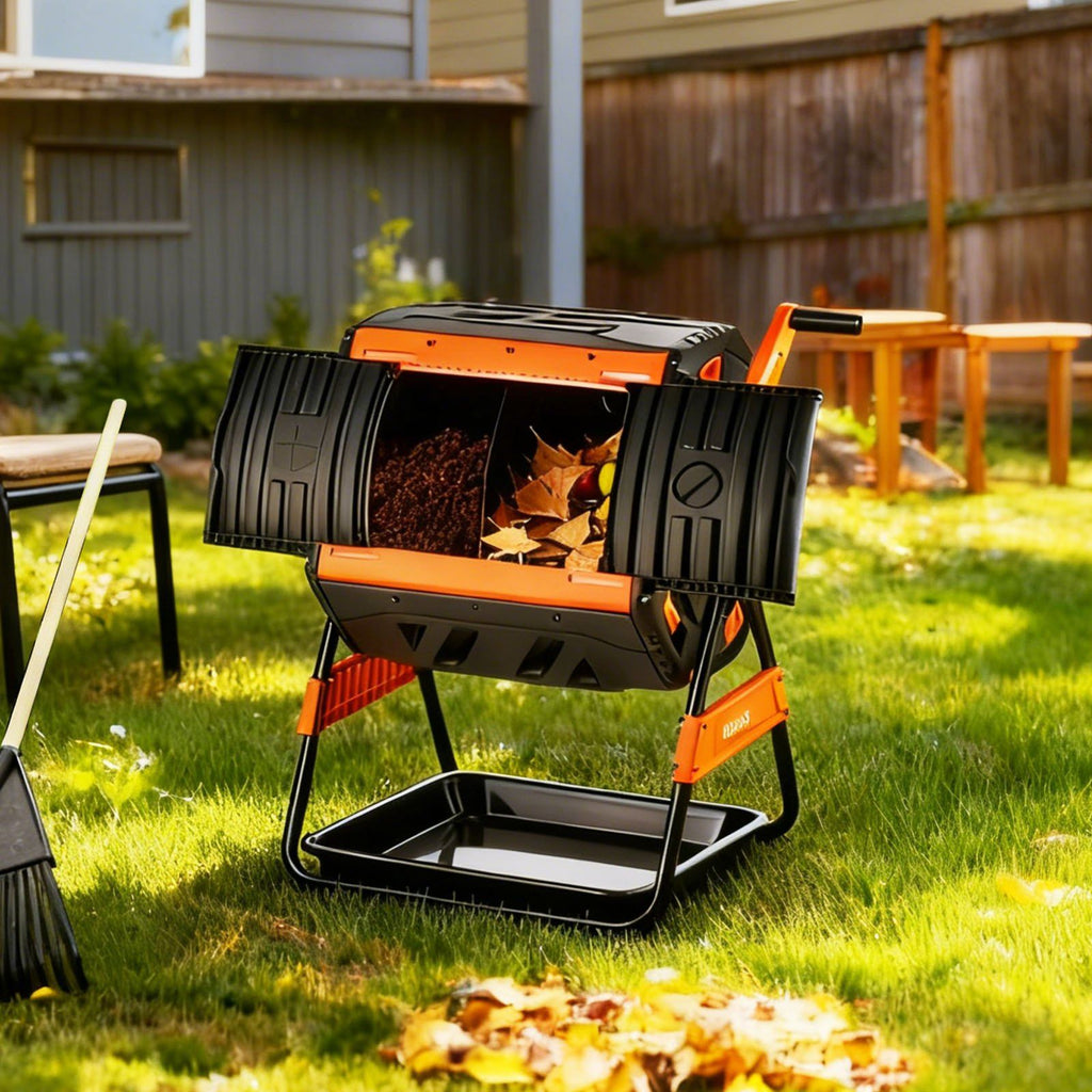 Compost Tumbler, 200L Dual Chamber Outdoor Tumbling Composter with 2 Sliding Doors and Aeration System, Large Easy-Turn Fast Rotating Composting Bin for Outside, Garden, Kitchen, and Yard Waste