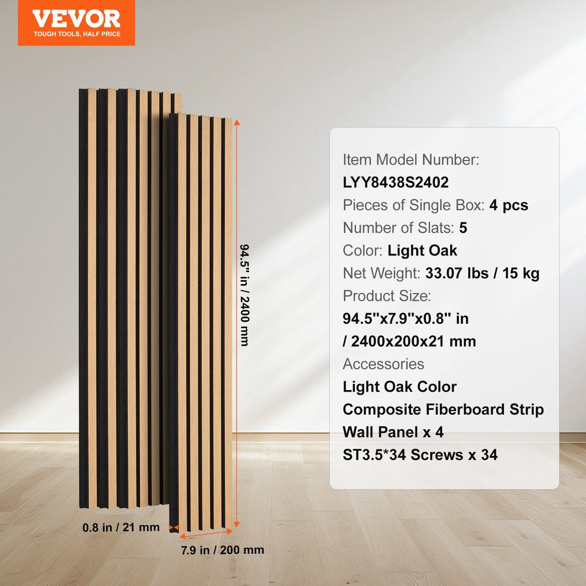 Wood Slat Acoustic Panels, 7.9 x 94.5 inch, MDF Accent Wooden Wall Panels for Modern Interior Wall Decor, Faux Wood Wall Board Panels for Noise Reduction, Light Oak