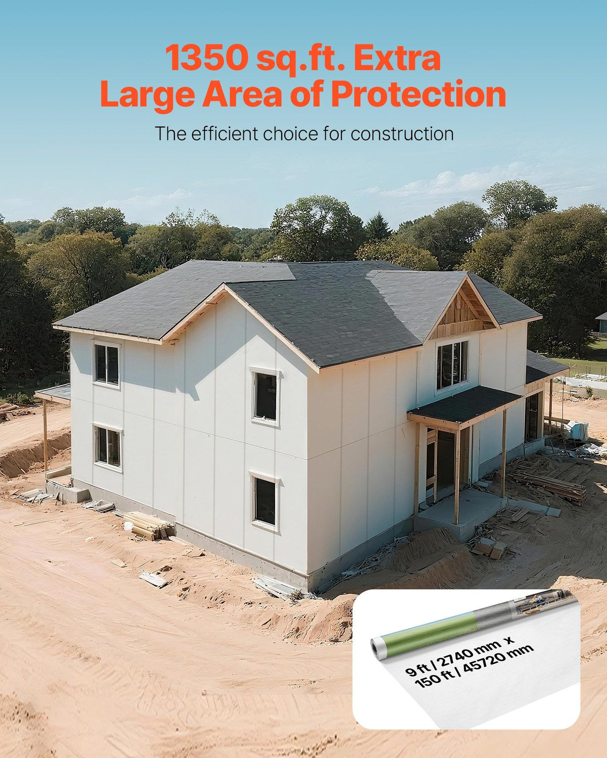 House Wrap, 2.74 x 45.7 mm, 0.13 mm Thick Vapor Barrier, Heavy Duty Plastic Sheeting for Tear-resistant, Drop Cloth Vapor Barrier Covering for Residential & Commercial Construction, White