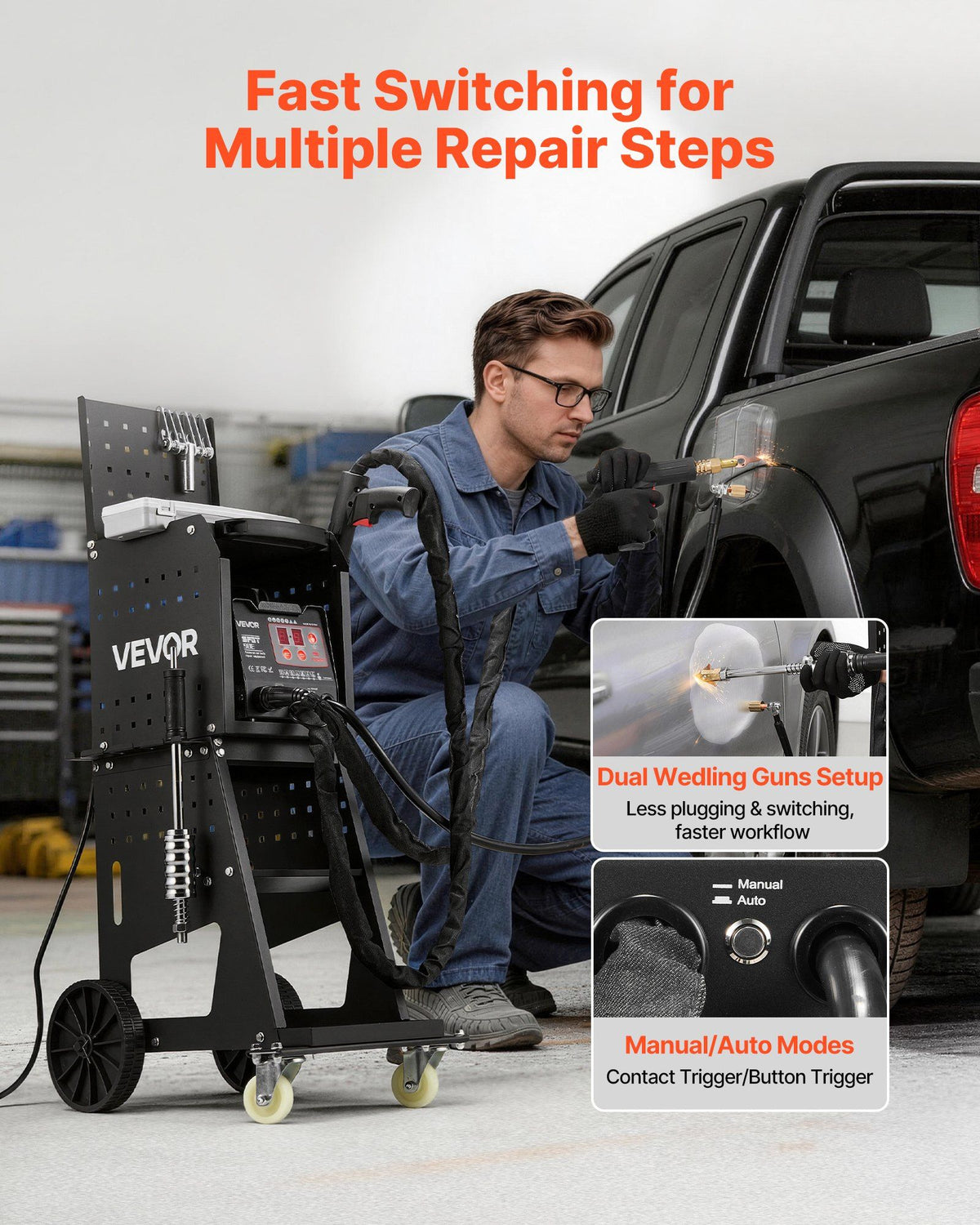 Stud Welder Dent Repair Kit & Welding Cart, 3KW Spot Welder with 2 Welding Guns and 7 Modes, Auto Body Spot Welding Dent Repair Machine for Steel Panel Repair