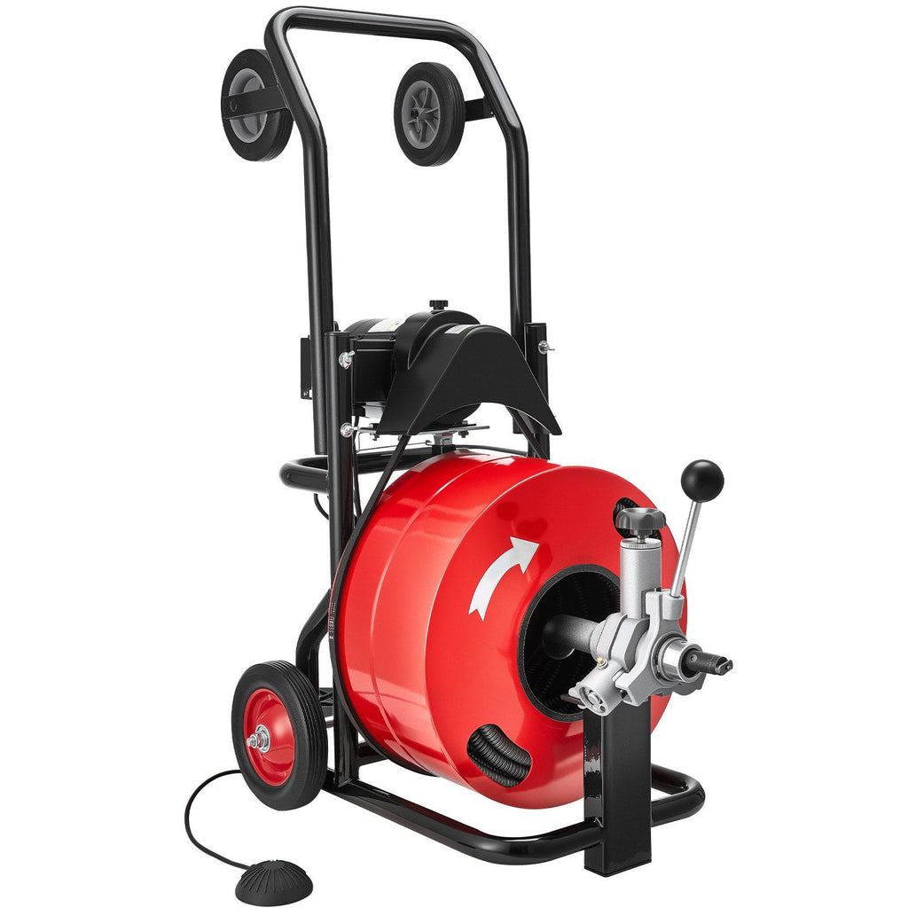 Drain Cleaner Machine 30m x 19mm, Auto Feed Sewer Snake Auger, Portable Drain Cleaning Machine with Multi-Wheel Combination, 6 Cutters & Air-Activated Foot Switch for 100mm to 200mm Pipes