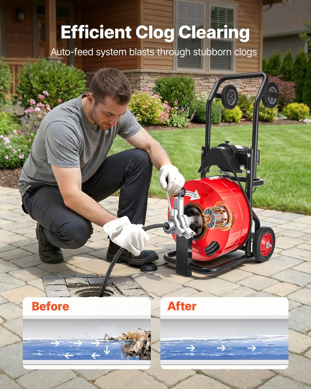Drain Cleaner Machine 30m x 19mm, Auto Feed Sewer Snake Auger, Portable Drain Cleaning Machine with Multi-Wheel Combination, 6 Cutters & Air-Activated Foot Switch for 100mm to 200mm Pipes
