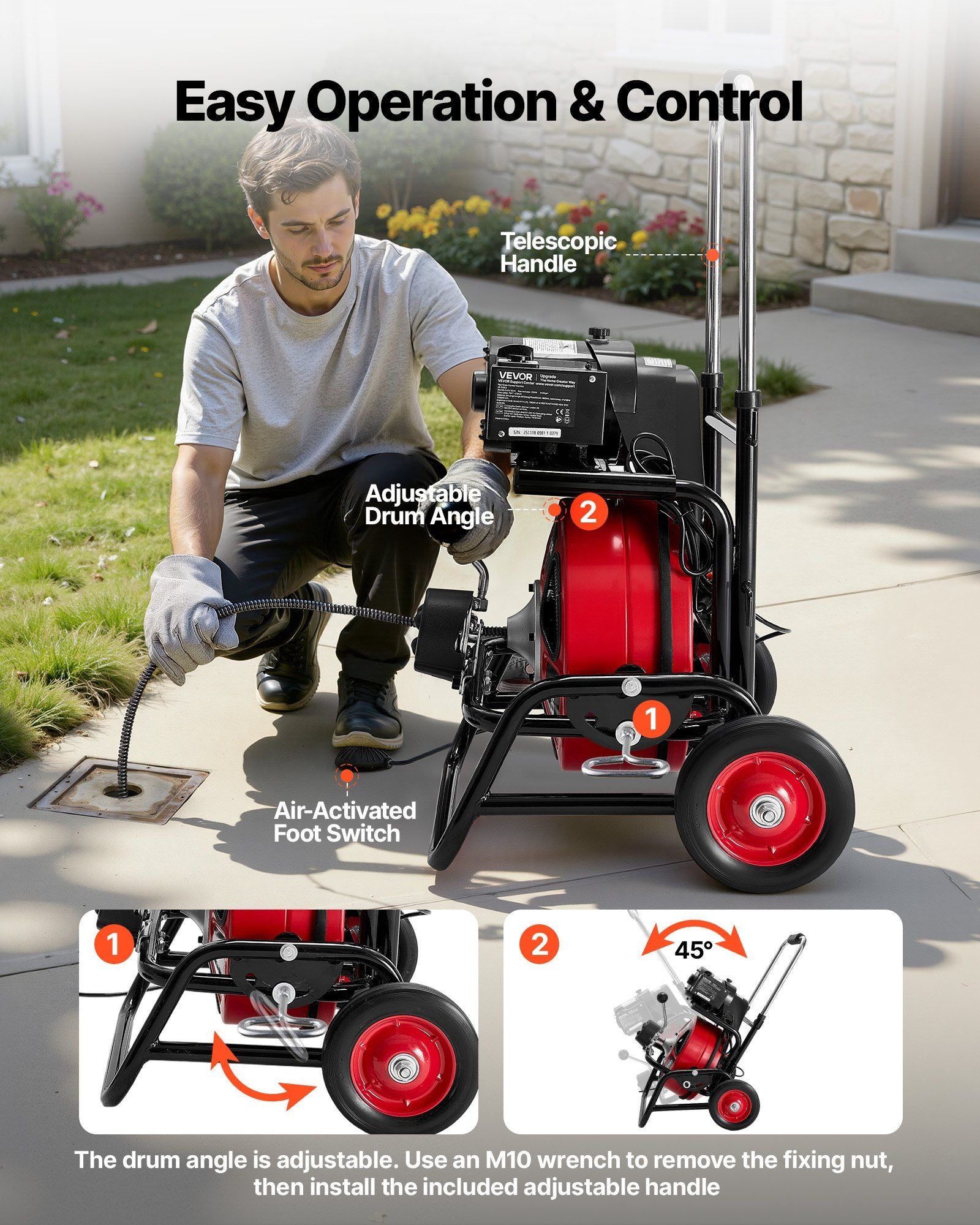 Drain Cleaner Machine 30m x 9.5mm, Auto Feed Sewer Snake Auger, Portable Drain Cleaning Machine with Climbing Wheels, Adjustable Drum, 8 Cutters & Foot Switch for 50mm to 100mm Pipes