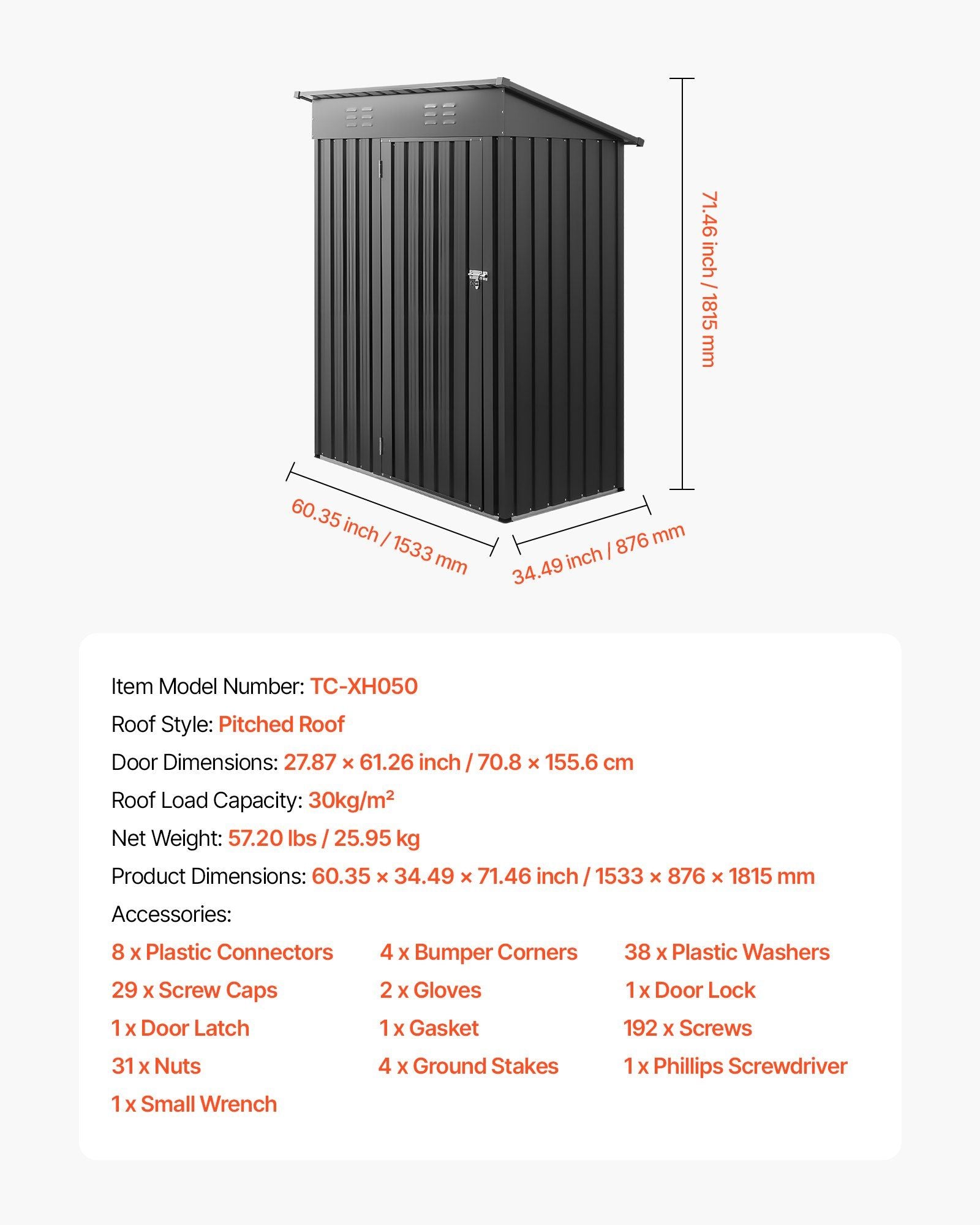 1533 x 876 x 1815 mm Metal Garden Shed, Storage Building with Lockable Door & 2 Louver Vents, Sloped Roof Metal Outdoor Storage Shed, Tool Sheds Outdoor Storage for Backyard, Garden, Patio
