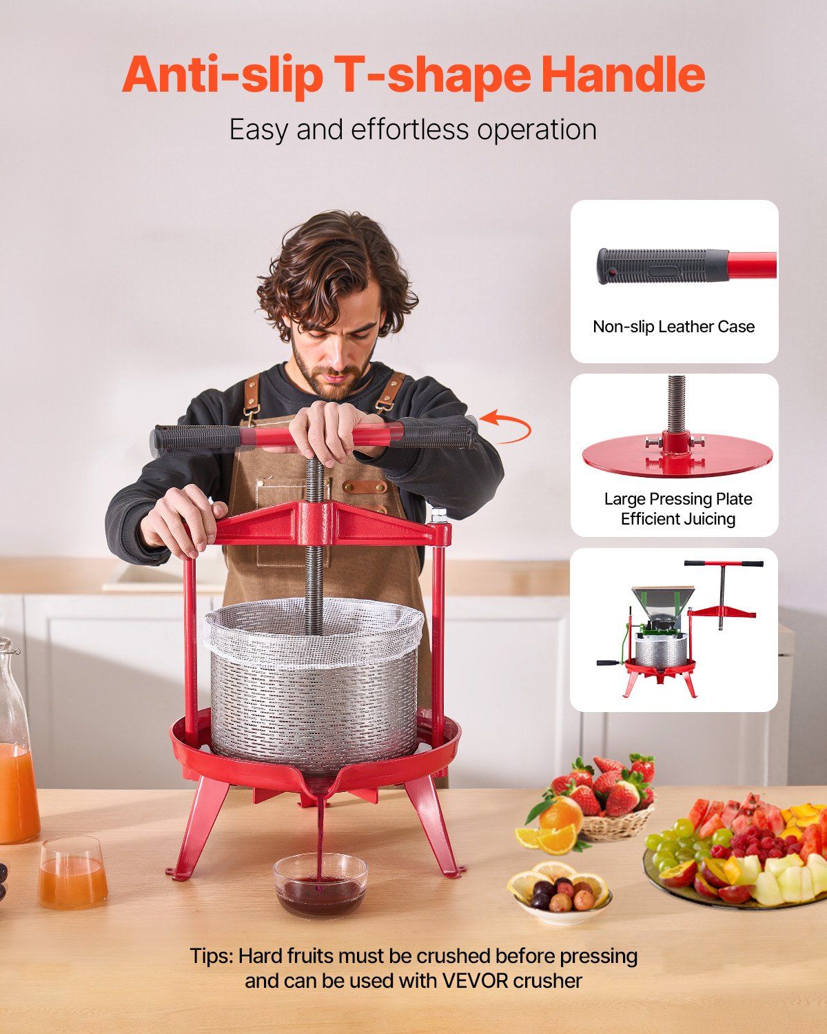 2.38 Gal/9L Fruit Wine Press, Stainless Steel Basket with Cross-beam and Triangular Structure, Manual Juice Maker, Cider Apple Grape Tincture Making Press with T-Handle for Kitchen Home