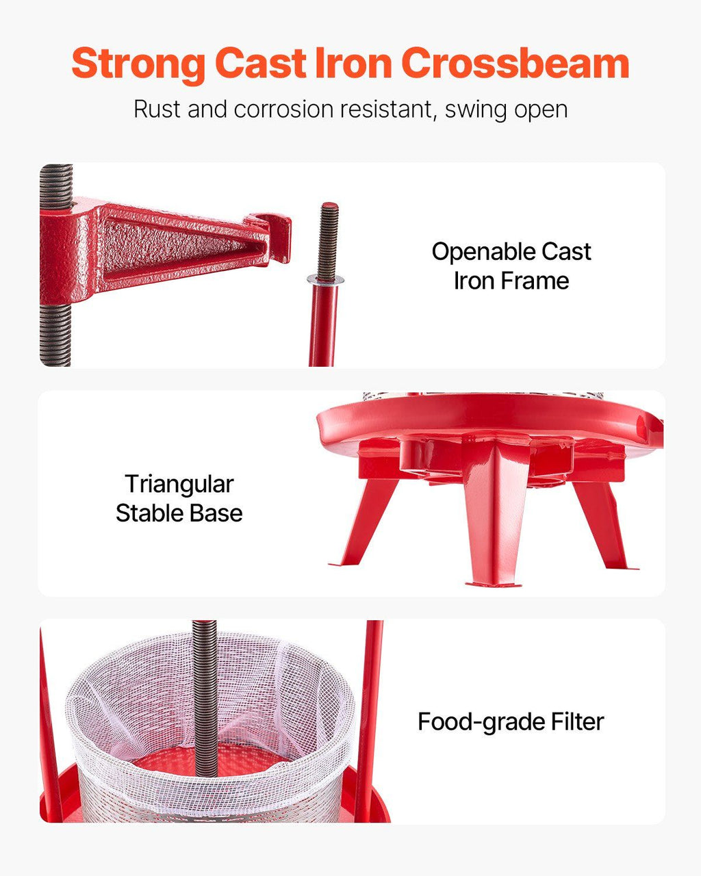 2.38 Gal/9L Fruit Wine Press, Stainless Steel Basket with Cross-beam and Triangular Structure, Manual Juice Maker, Cider Apple Grape Tincture Making Press with T-Handle for Kitchen Home